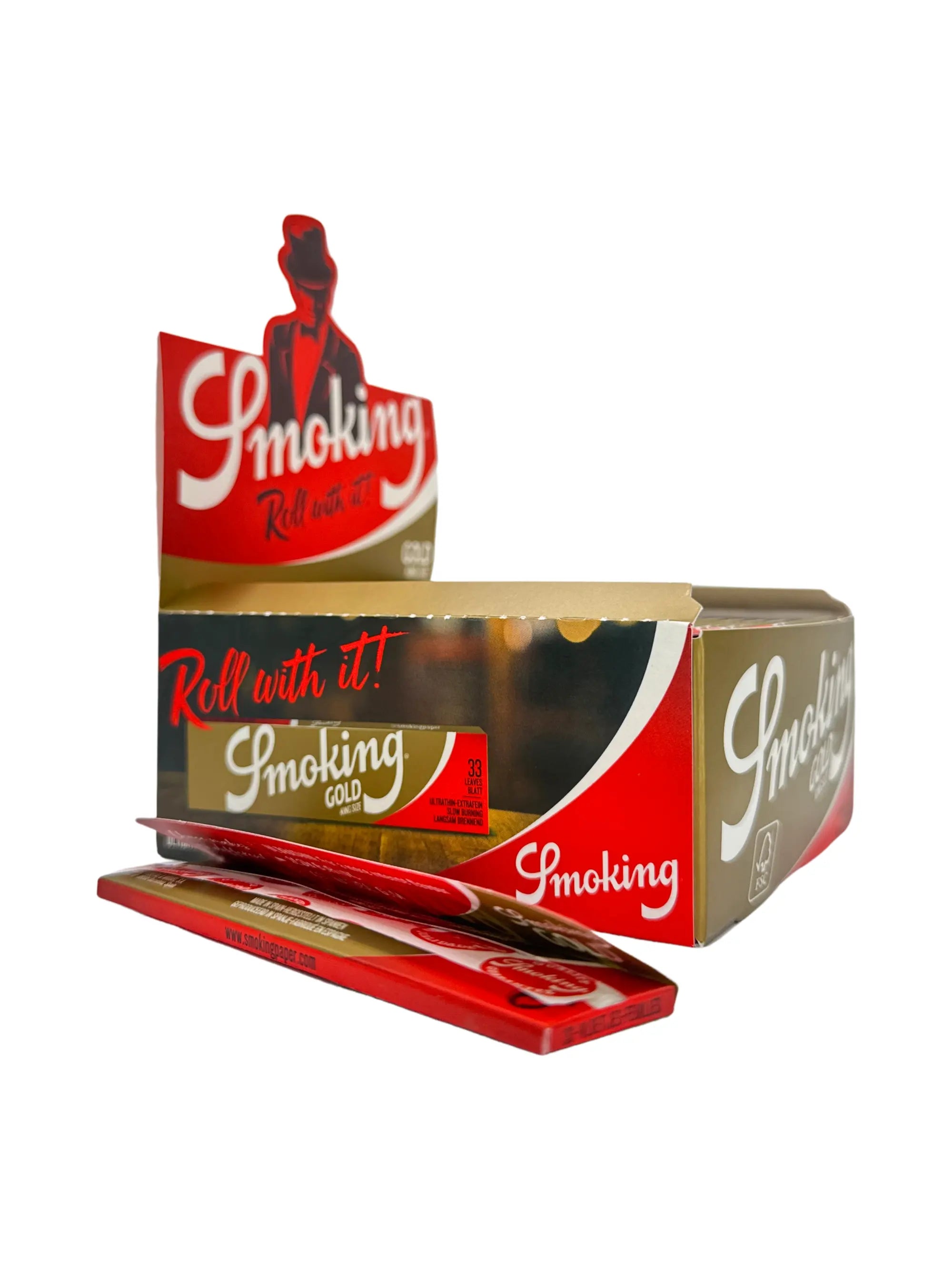 Smoking Gold King Size Slim Papers mit klassischem Gold-Design, auch im Display erhältlich.