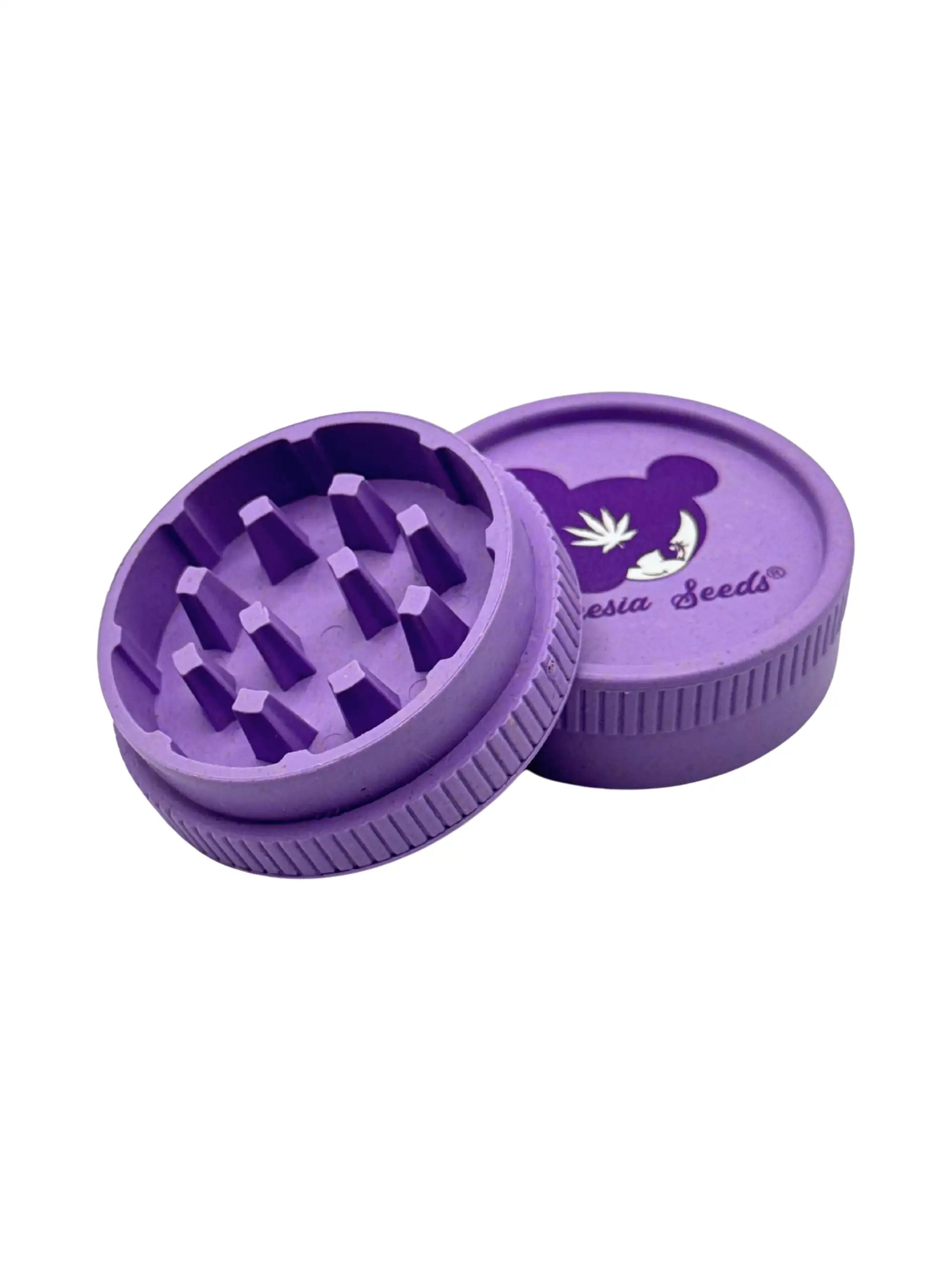 Mahlwerk des robusten Hanf-Grinders von Anesia in Flieder mit Logo-Prägung