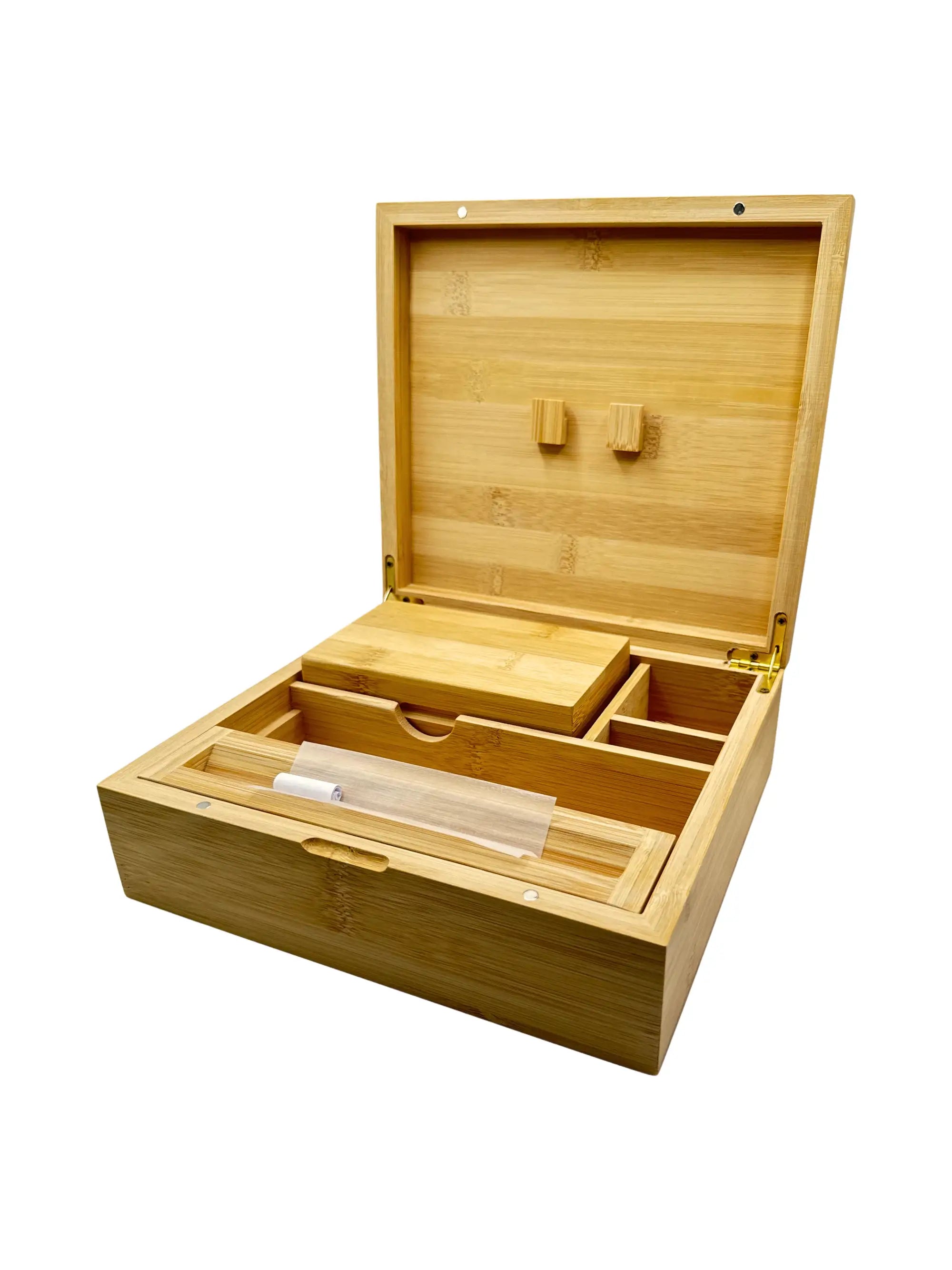 Geöffnete Stoner Box mit fünf Fächern und herausnehmbarer Drehmulde.