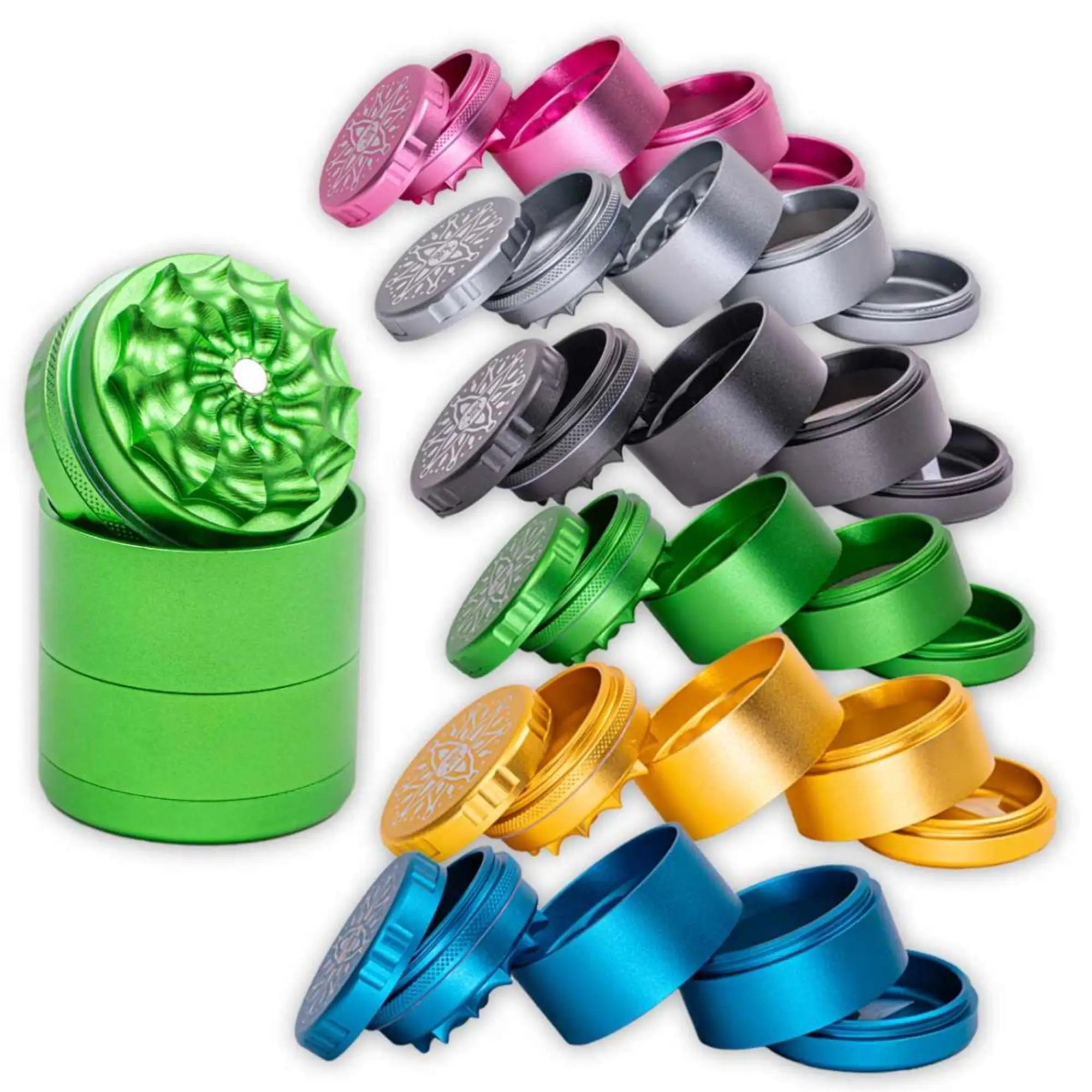 Detailaufnahme des FLOWER Grinders mit blumenförmigem Wellenprofil und Farbauswahl des Grinders.