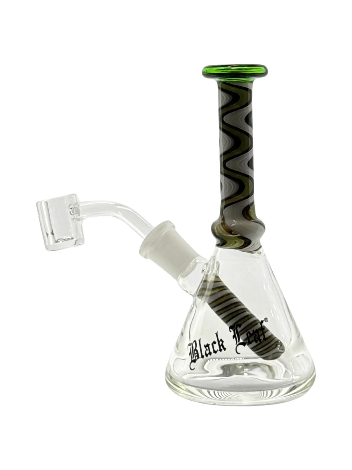 Black Leaf Dab Rig aus Borosilikatglas mit grün-weißem Muster auf Hals und Lochdiffusor-Chillum