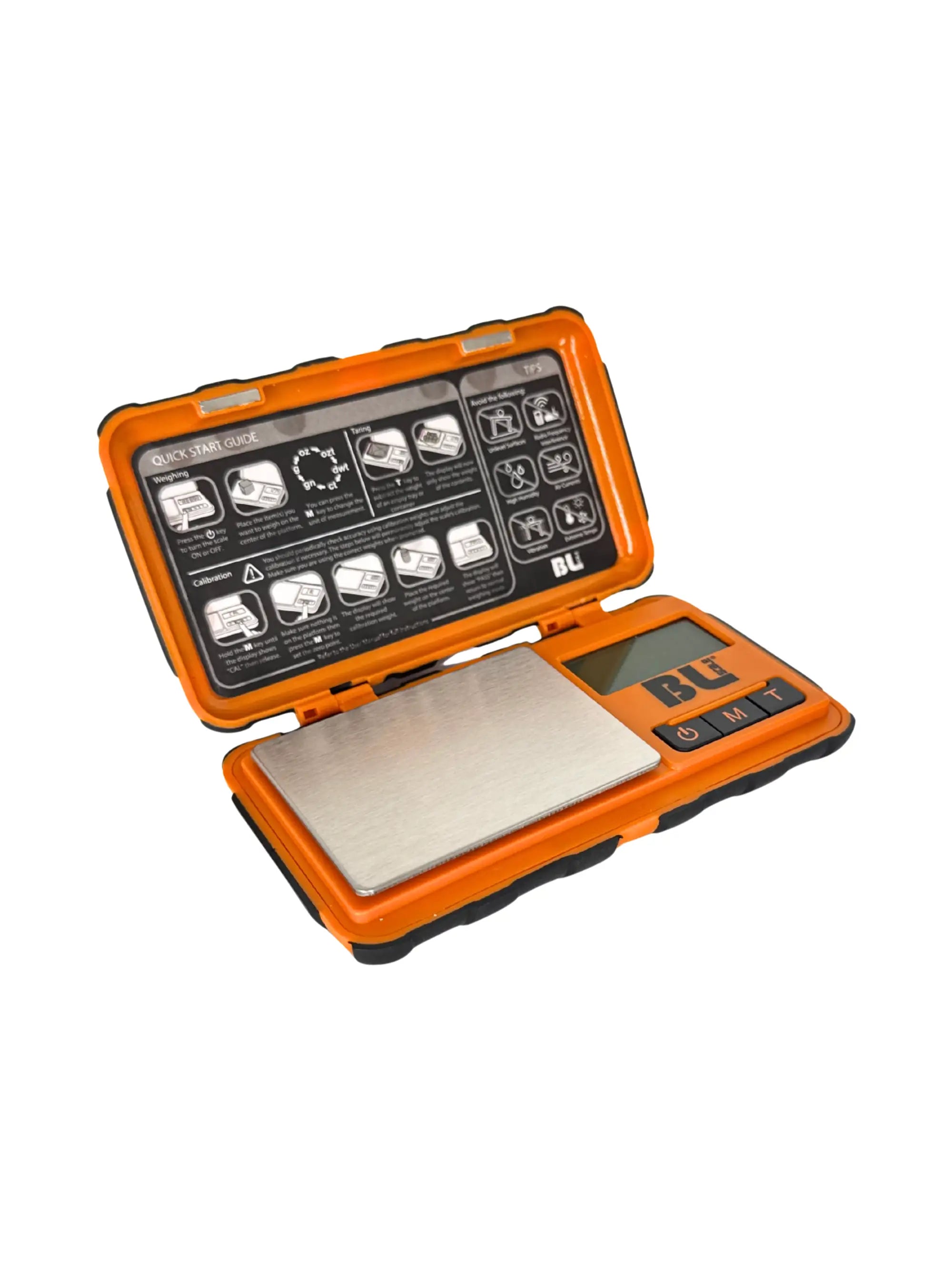 Frontansicht der BLscale Digitalwaage in Orange Schwarz mit 100 g Kapazität und 0,01 g Genauigkeit, robust und stoßfest