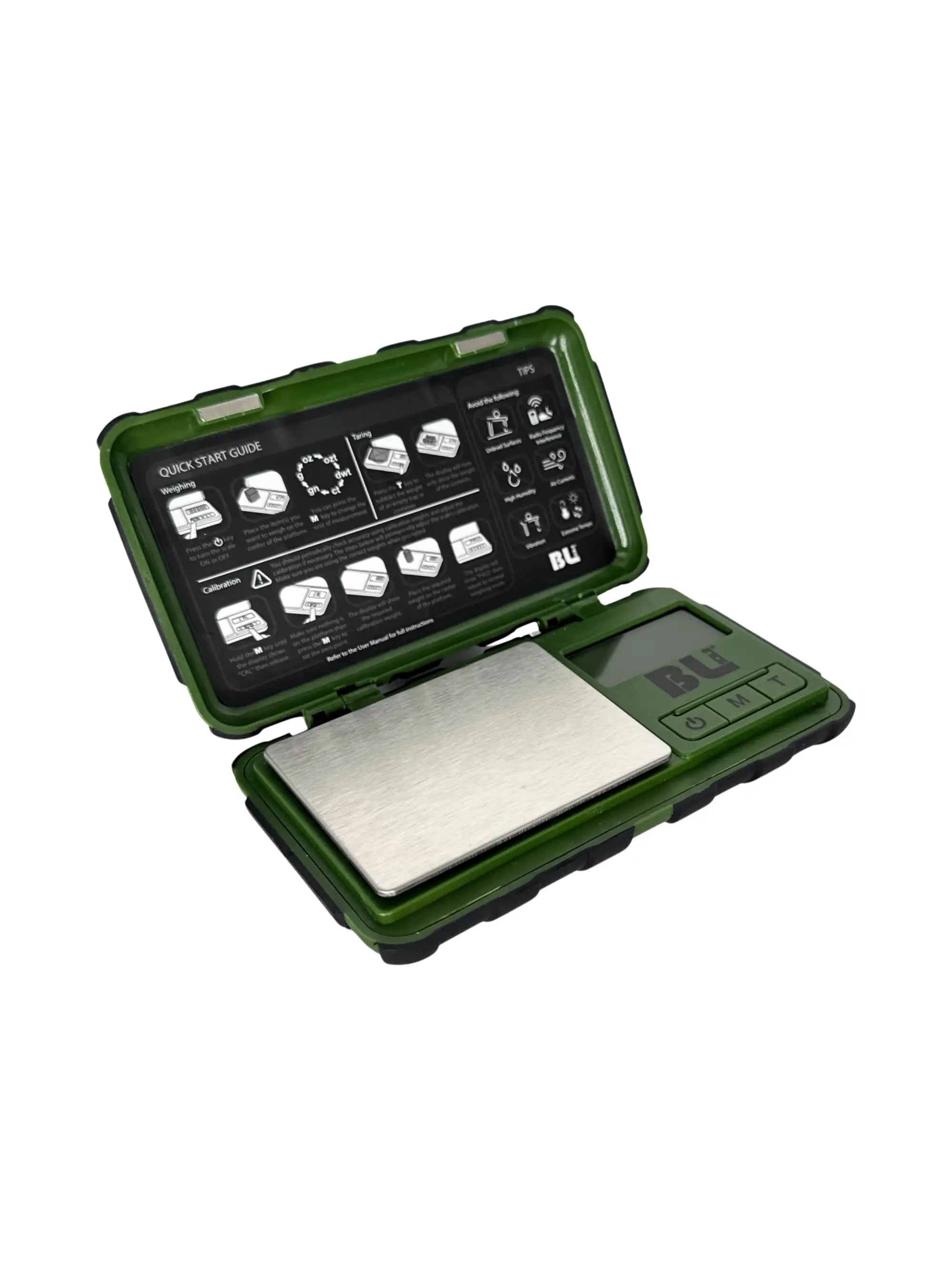 Frontansicht der BLscale Digitalwaage mit 100 g Kapazität und 0,01 g Genauigkeit – robust und stoßfest