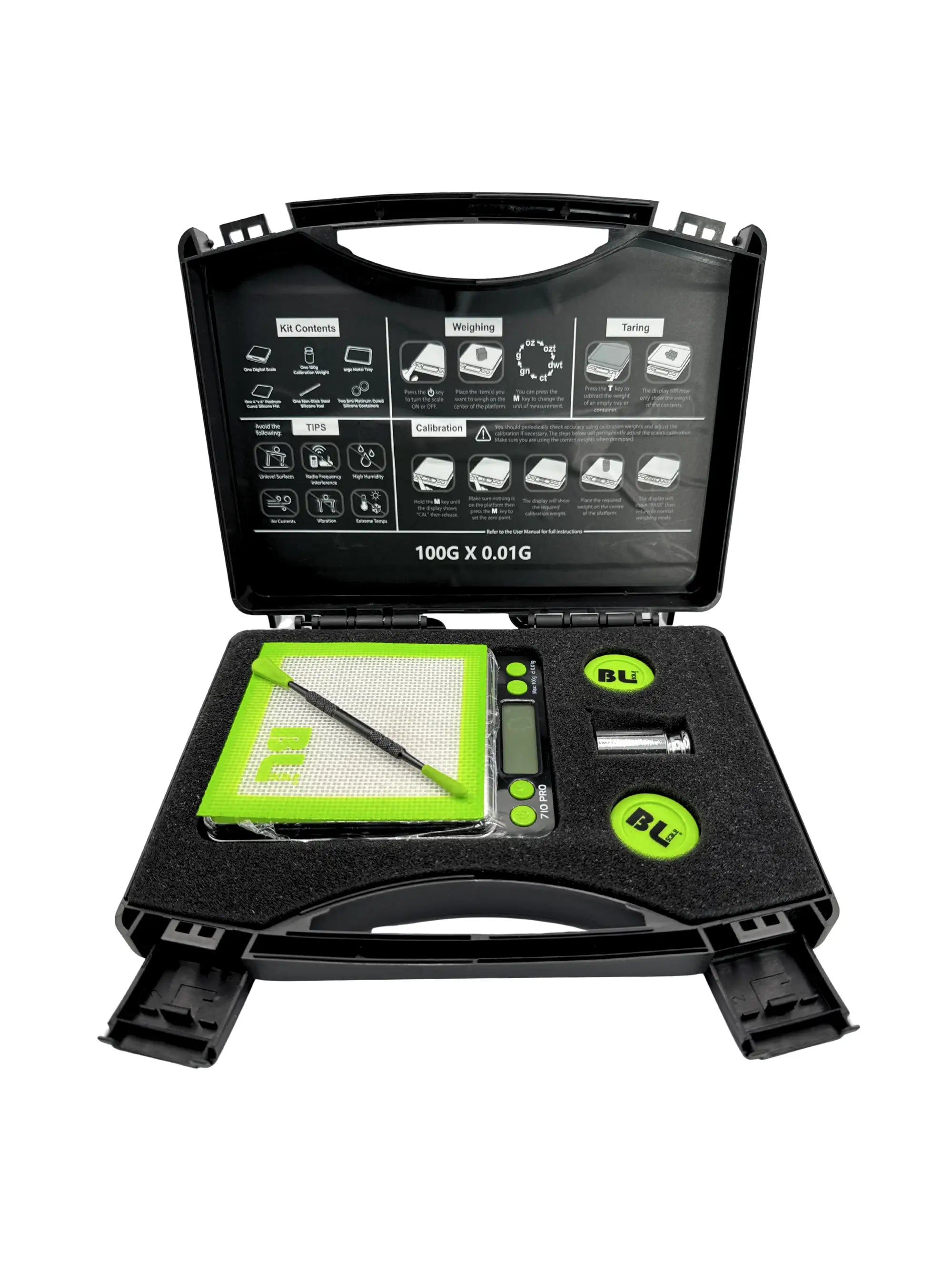 BLscale™ Wiege-Kit mit Antihaftmatte und Dabber für präzises, sauberes Abwiegen von Extrakten, Ölen und Kräutern.