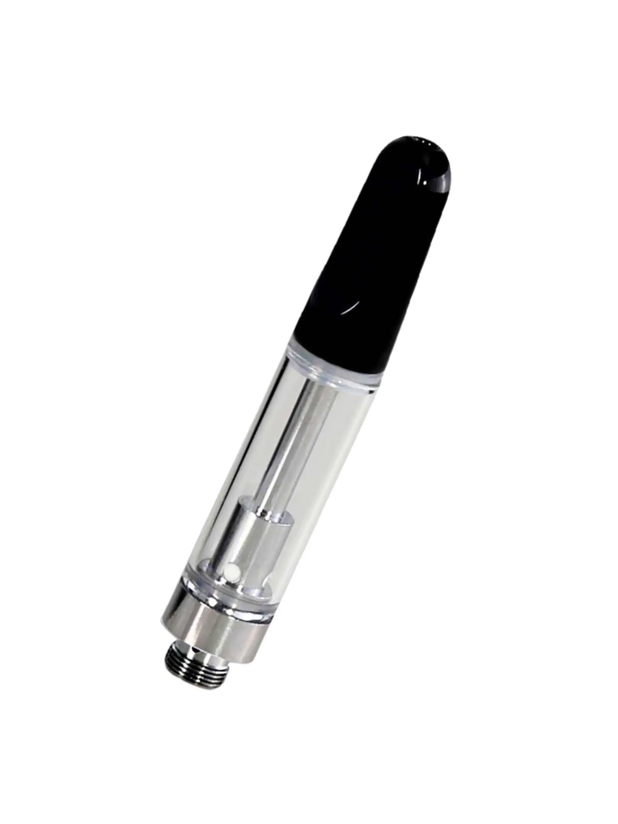 Schwarze 1 ml Cartridge aus Edelstahl, Glas und Keramik mit 510er-Gewinde für flüssige Konzentrate – kompakt und hitzebeständig.