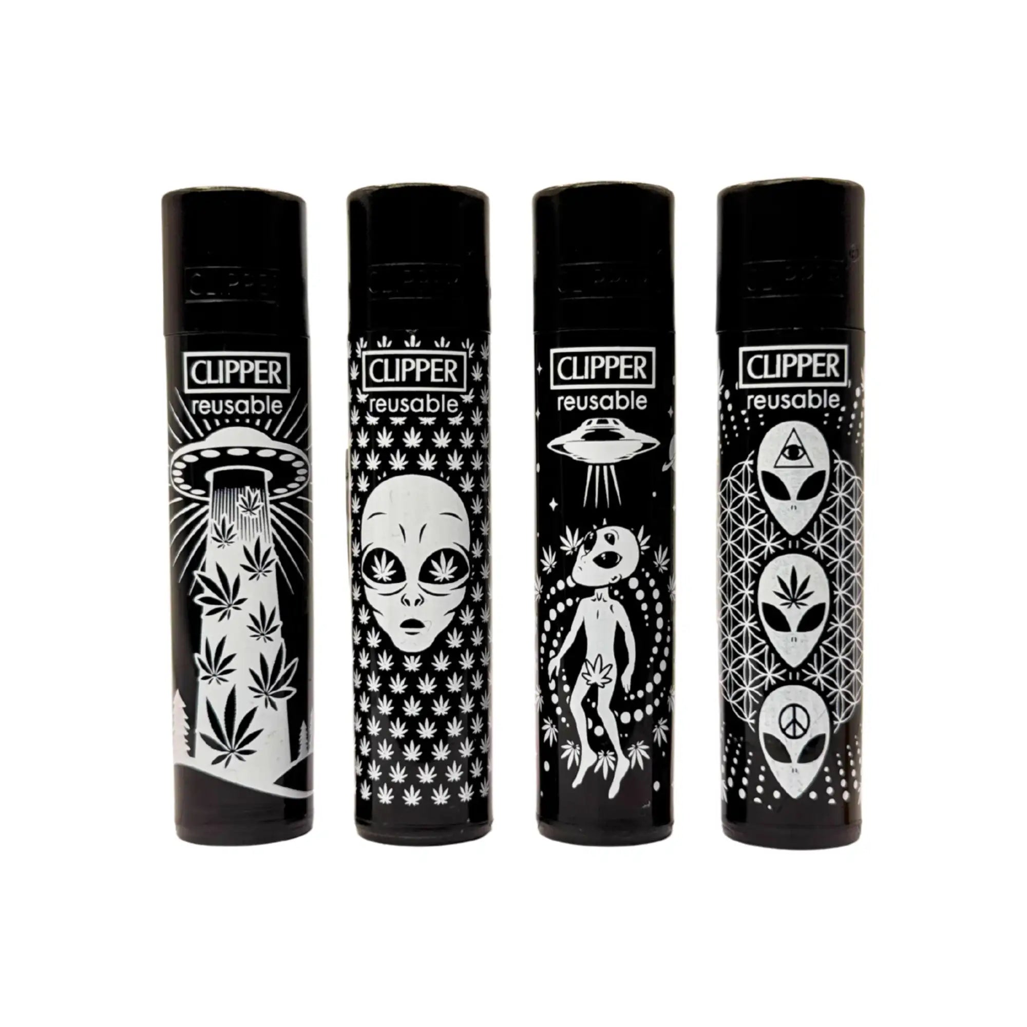 Clipper 4er Set Feuerzeuge der 420 Alien #2 Serie, nachfüllbar, mit austauschbaren Feuersteinen und urbanem Design.