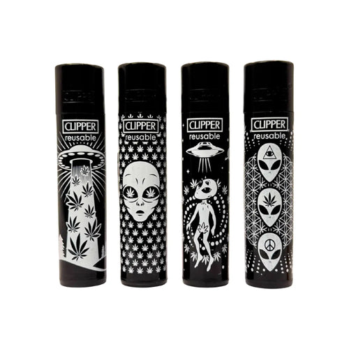 Clipper 4er Set Feuerzeuge der 420 Alien #2 Serie, nachfüllbar, mit austauschbaren Feuersteinen und urbanem Design.