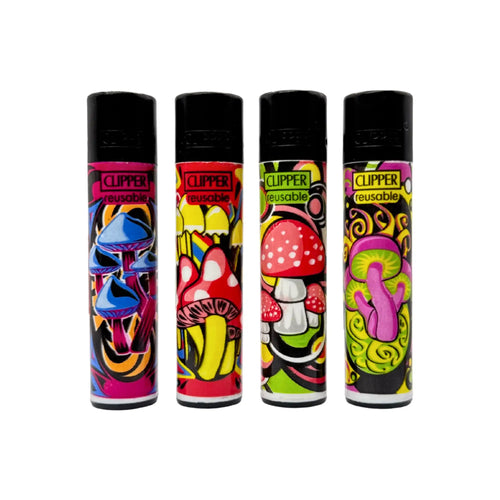 Clipper Feuerzeuge im 4er Set der Mushrooms Serie, nachfüllbar, mit austauschbaren Feuersteinen und urbanem Design.