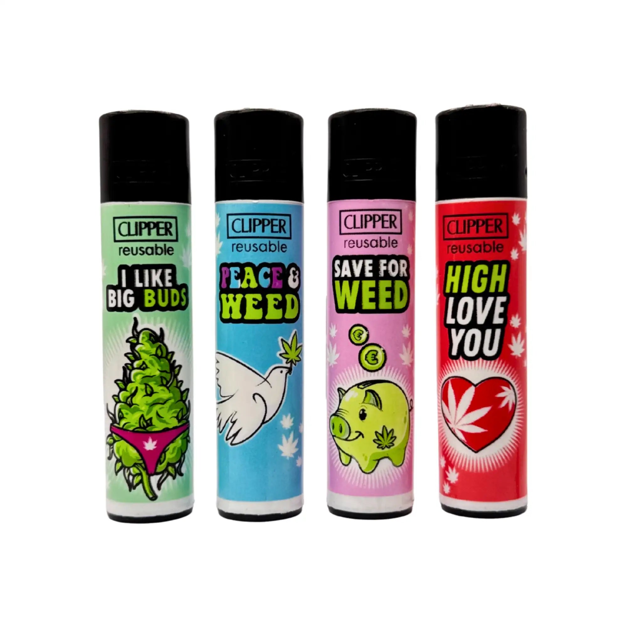 Clipper 4er Set Feuerzeuge der Weed Slogan Serie, nachfüllbar, mit austauschbaren Feuersteinen und stylischem Design.