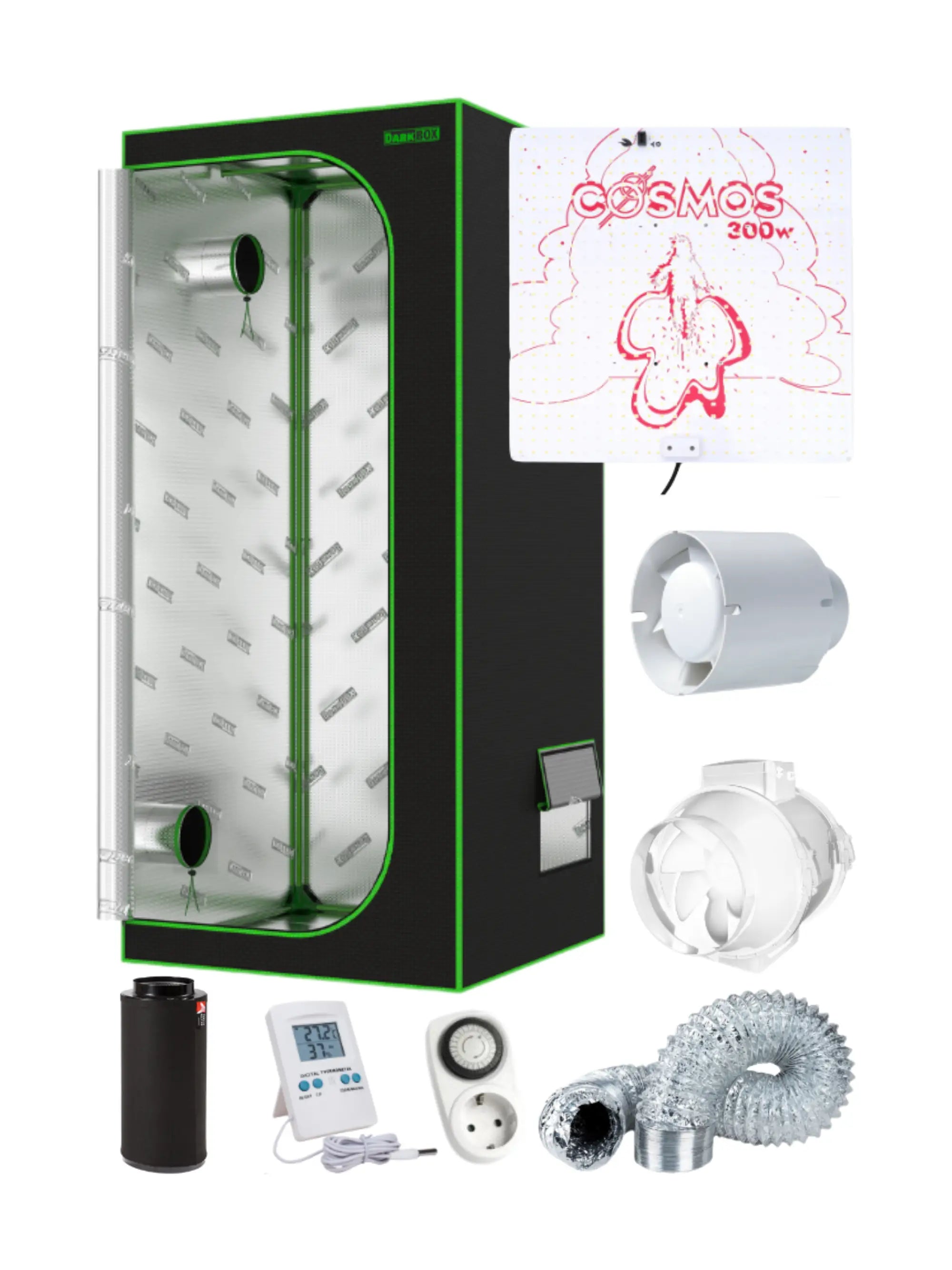 Cosmos LED 100 Grow Kit – komplettes Indoor-Grow-Set mit Dark Box Gewächshaus, 300 W LED-System, Lüftung, Filter und Zubehör für Hobby-Grower