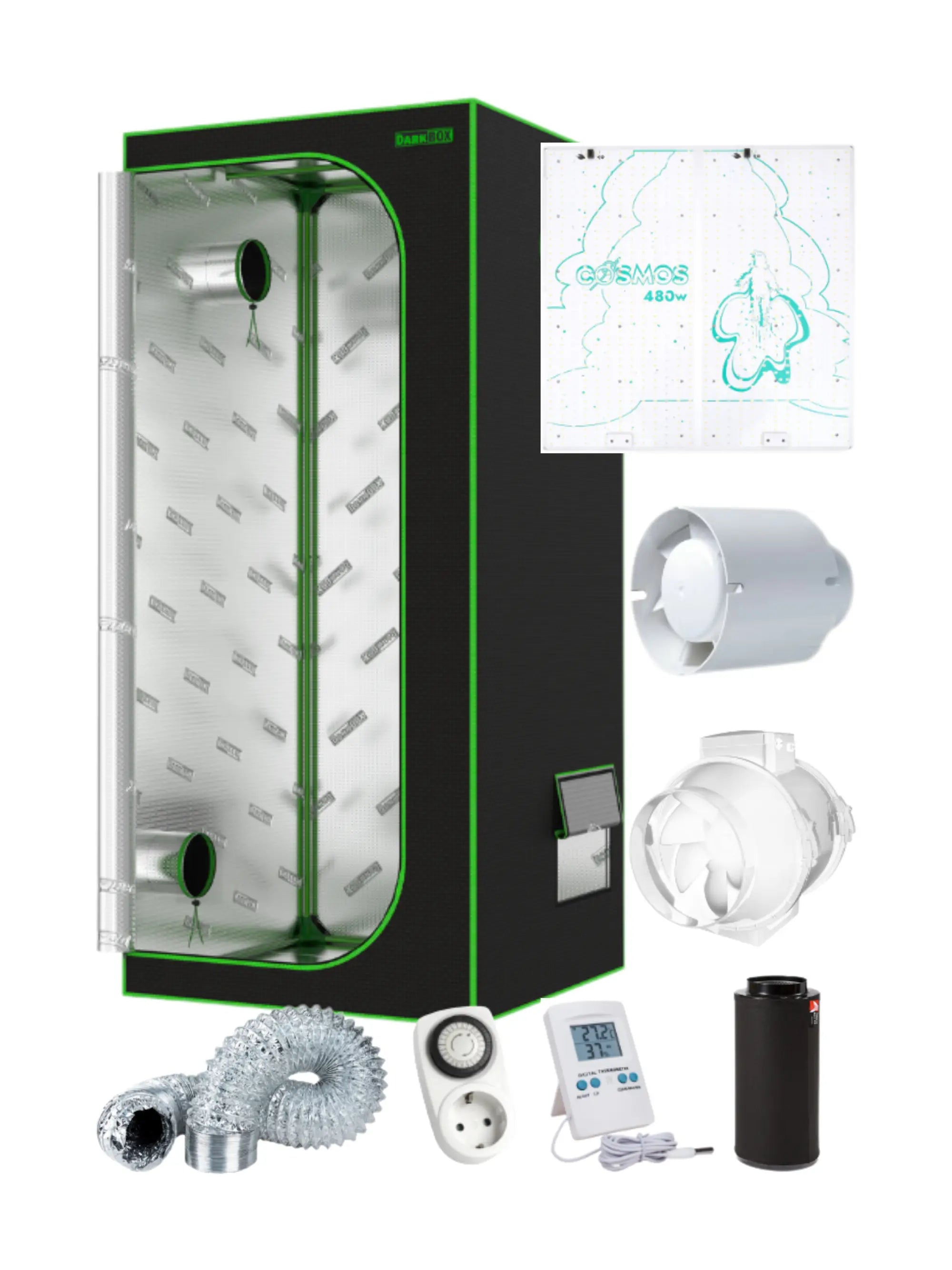 Cosmos LED 120 Grow Kit – komplettes Indoor-Grow-Set mit Dark Box Gewächshaus, 480 W LED-System, Lüftung, Filter und Zubehör für Hobby-Grower