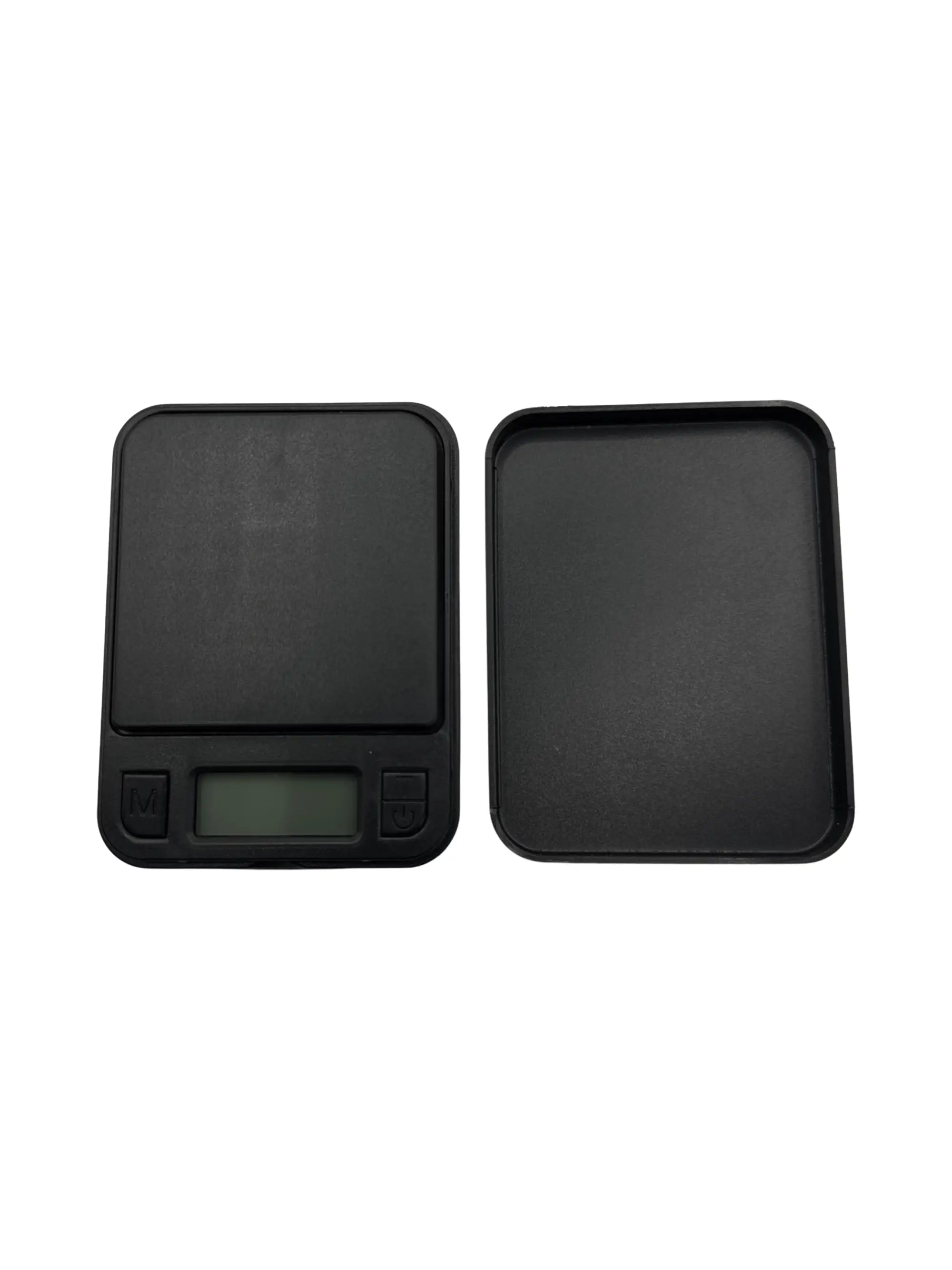 Frontansicht der schwarzen Digitalwaage mit Schutzdeckel und 100 g Kapazität bei 0,1 g Genauigkeit