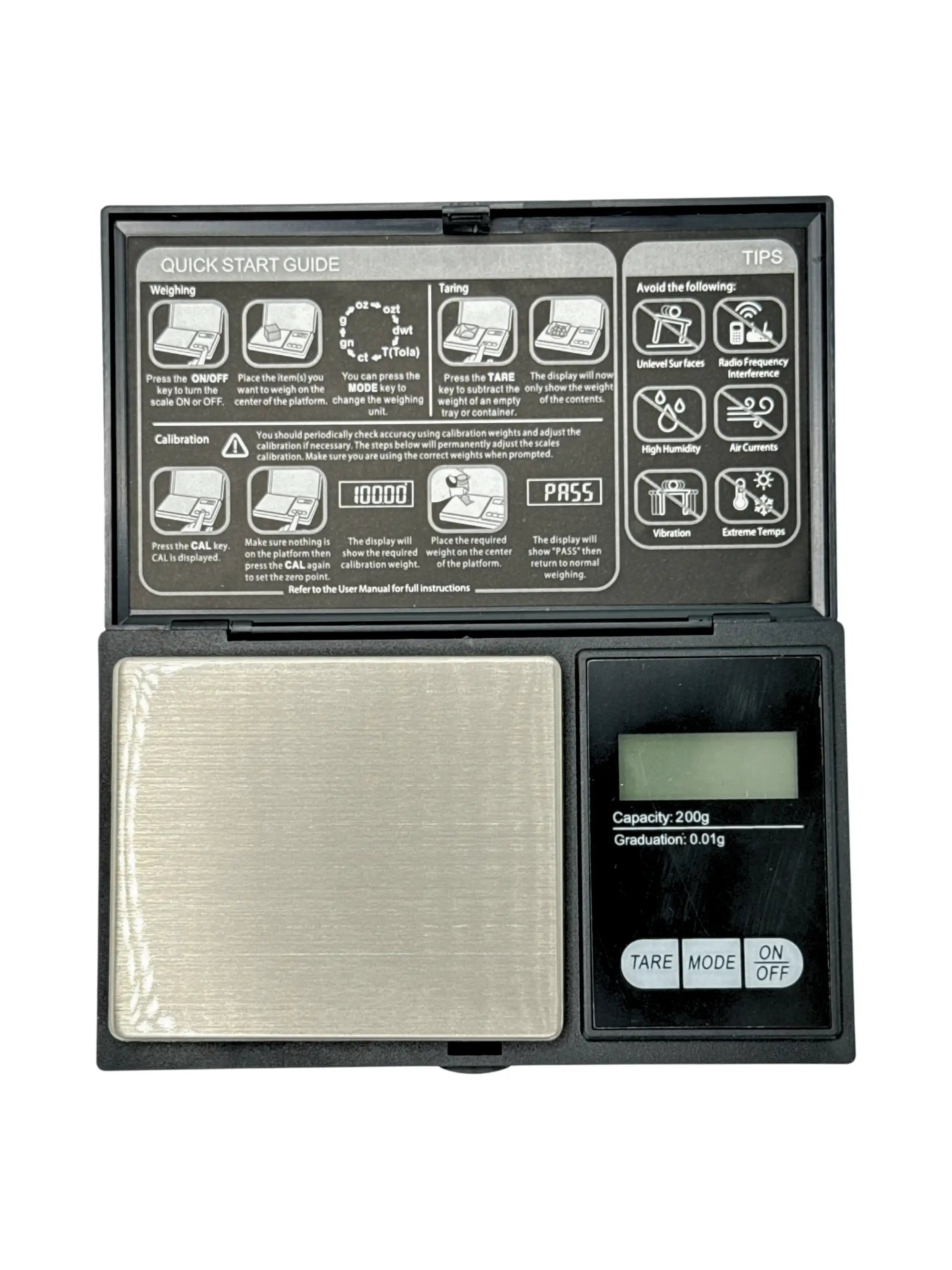 Frontansicht der professionellen Mini-Digitalwaage mit 200 g Kapazität und 0,01 g Genauigkeit