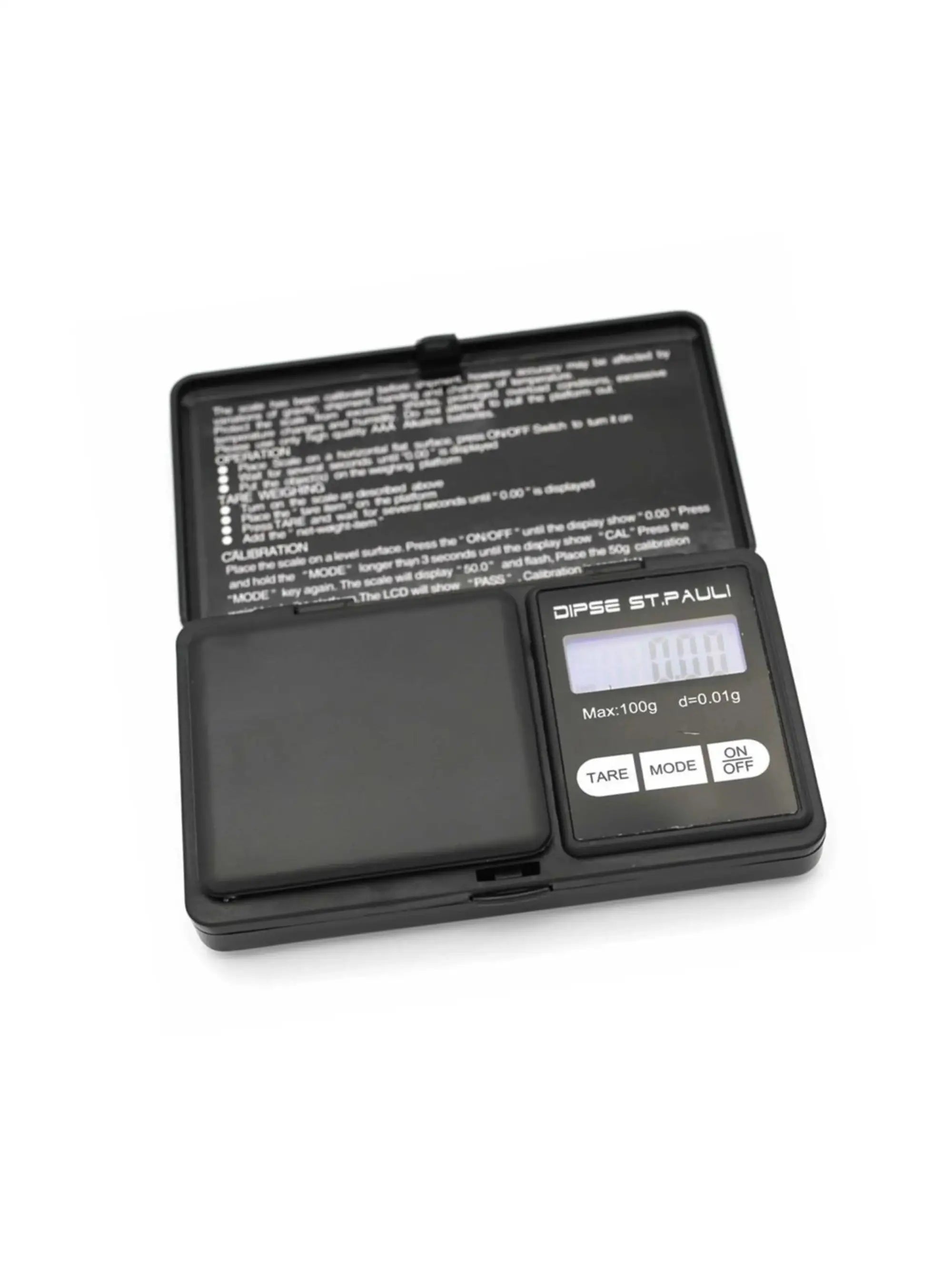 DIPSE St. Pauli Digitalwaage 100g × 0,01g mit Klappdeckel, LED-Display und kompakter Taschenbauweise.
