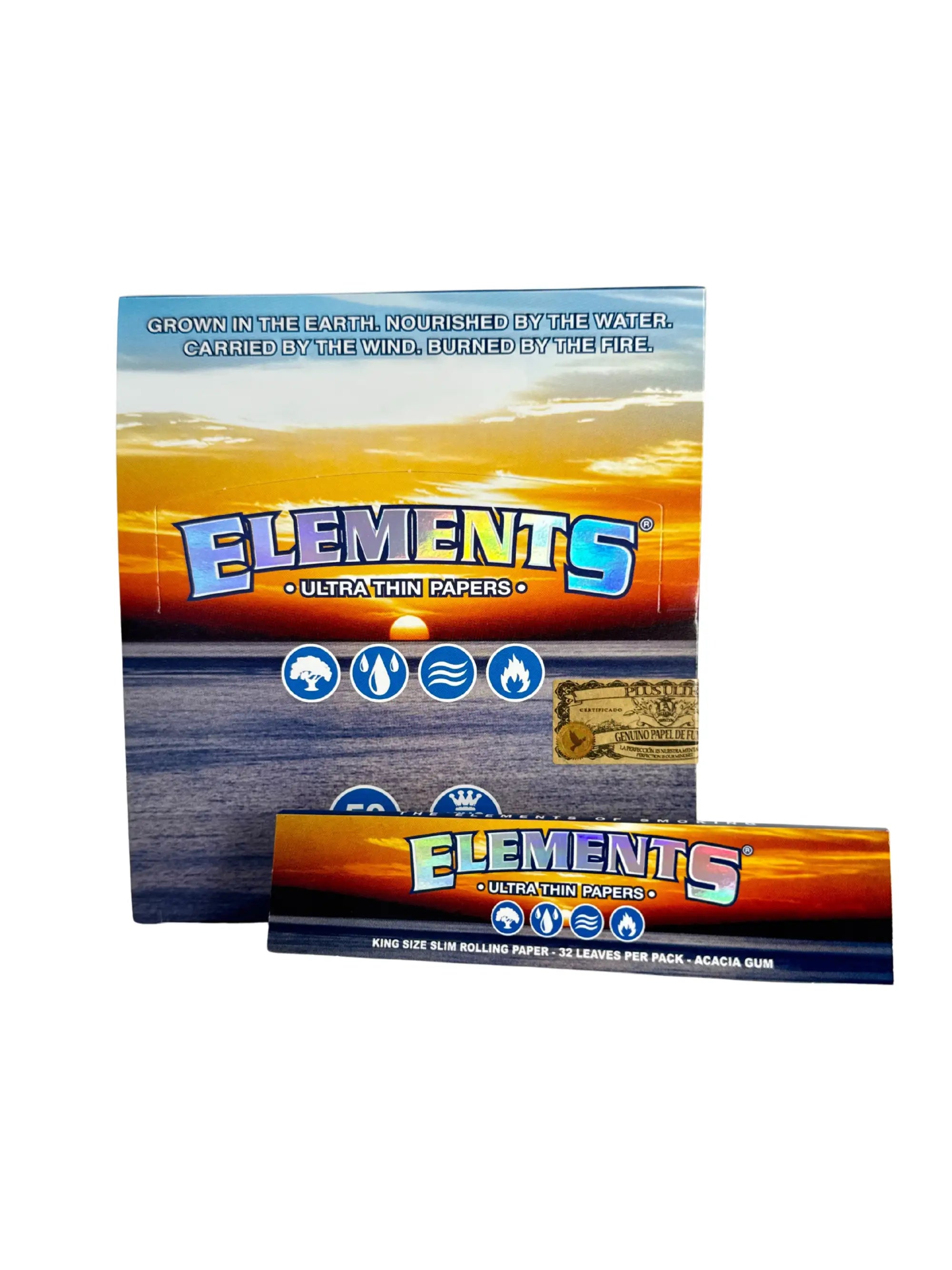 Display mit 50 ELEMENTS King Size Slim Papers Heftchen, extra lang und gleichmäßig brennend