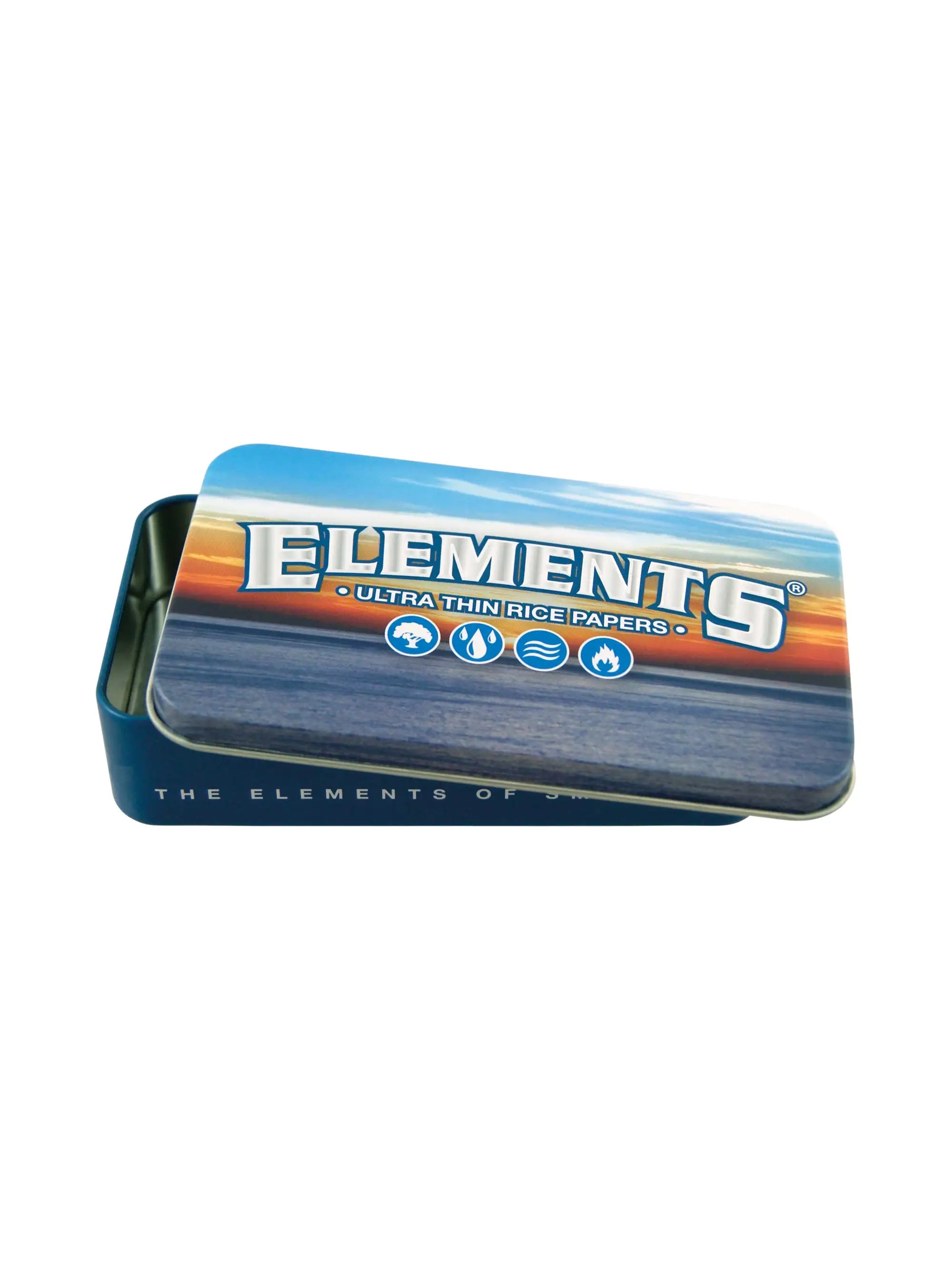Blaue Elements Metallbox – kompakte Aufbewahrungsdose für Papers, Filter & Joints. Langlebig, stylisch und perfekt zum Mitnehmen.