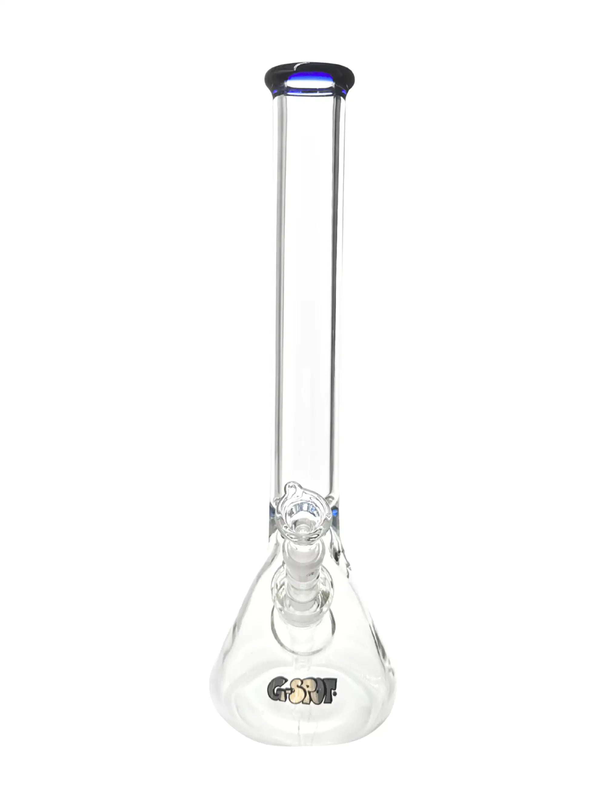 Detailansicht der G-SPOT Beakerbong Ice mit blauem Farbglas am Mundstück und Eiskerben aus 9 mm Glas.