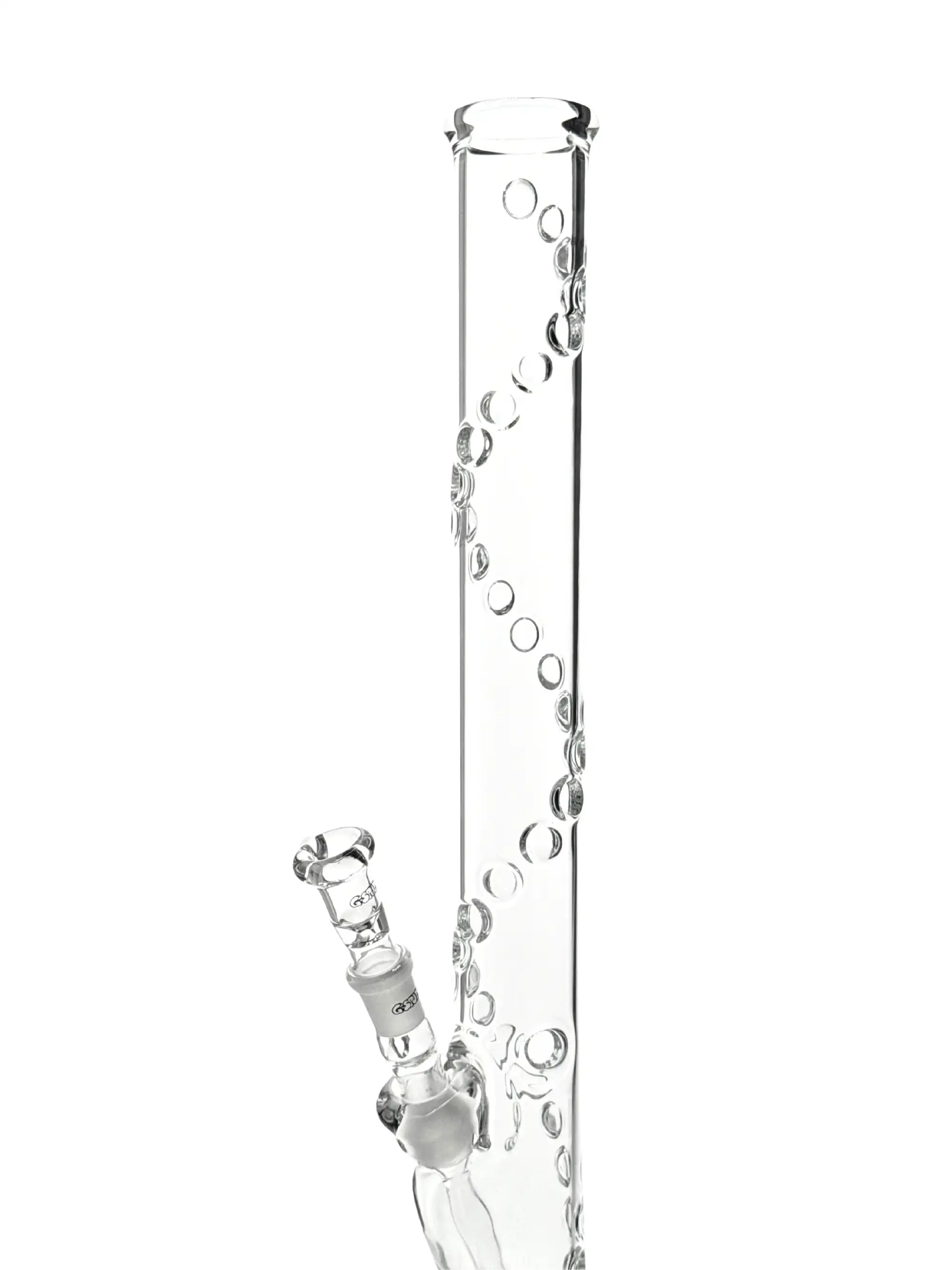 Detailaufnahme des Snake-Designs der G-SPOT Bong mit spiralförmigen Glaspunkten am Bonghals.