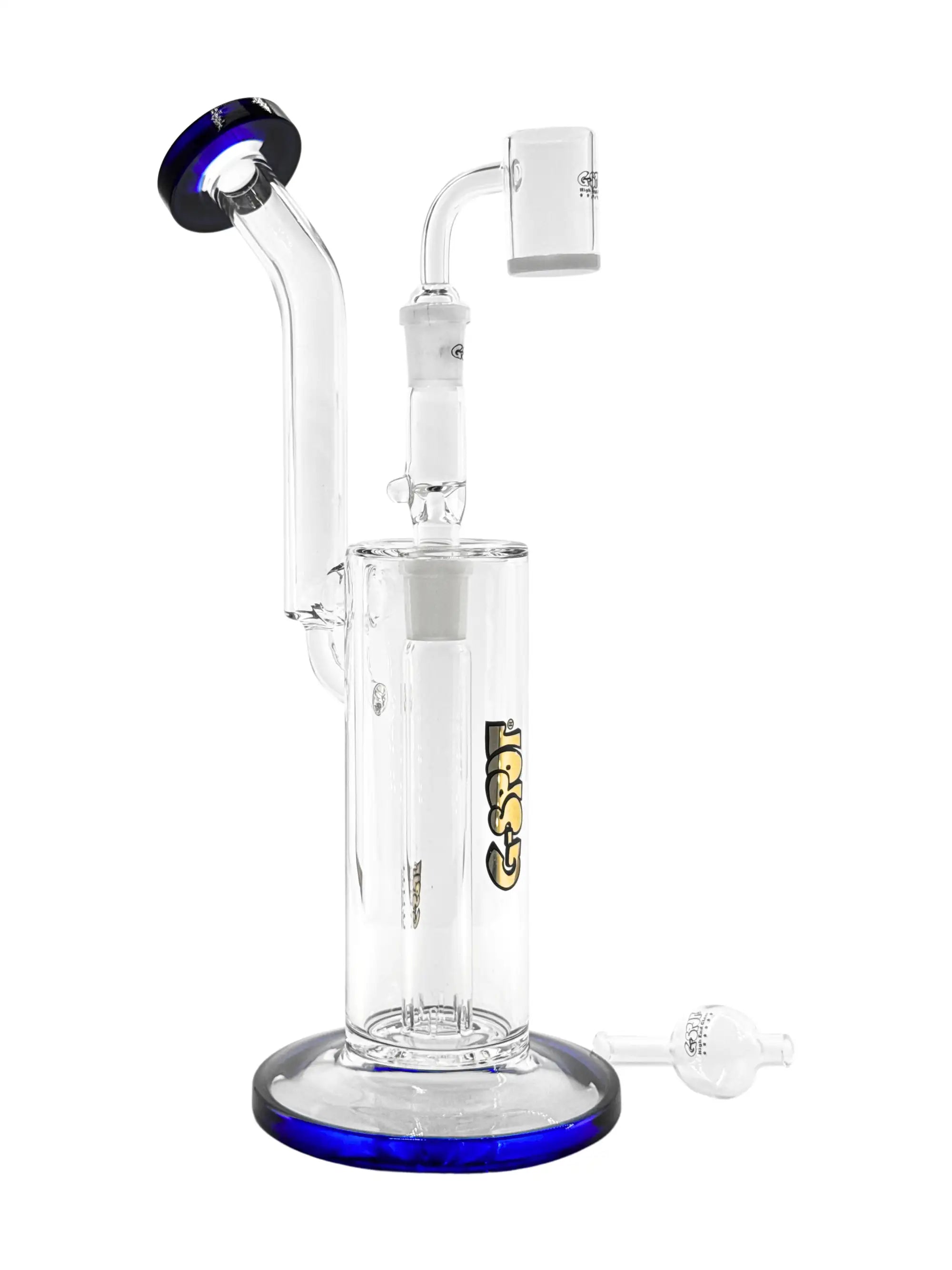 G-SPOT® Dabbing Rig, 290 mm Höhe, 50 mm Durchmesser, 5 mm Borosilikatglas, NS14.5 Schliff, Aktivkohlefach für milden Zug, blaues Mundstück und Standfuß.