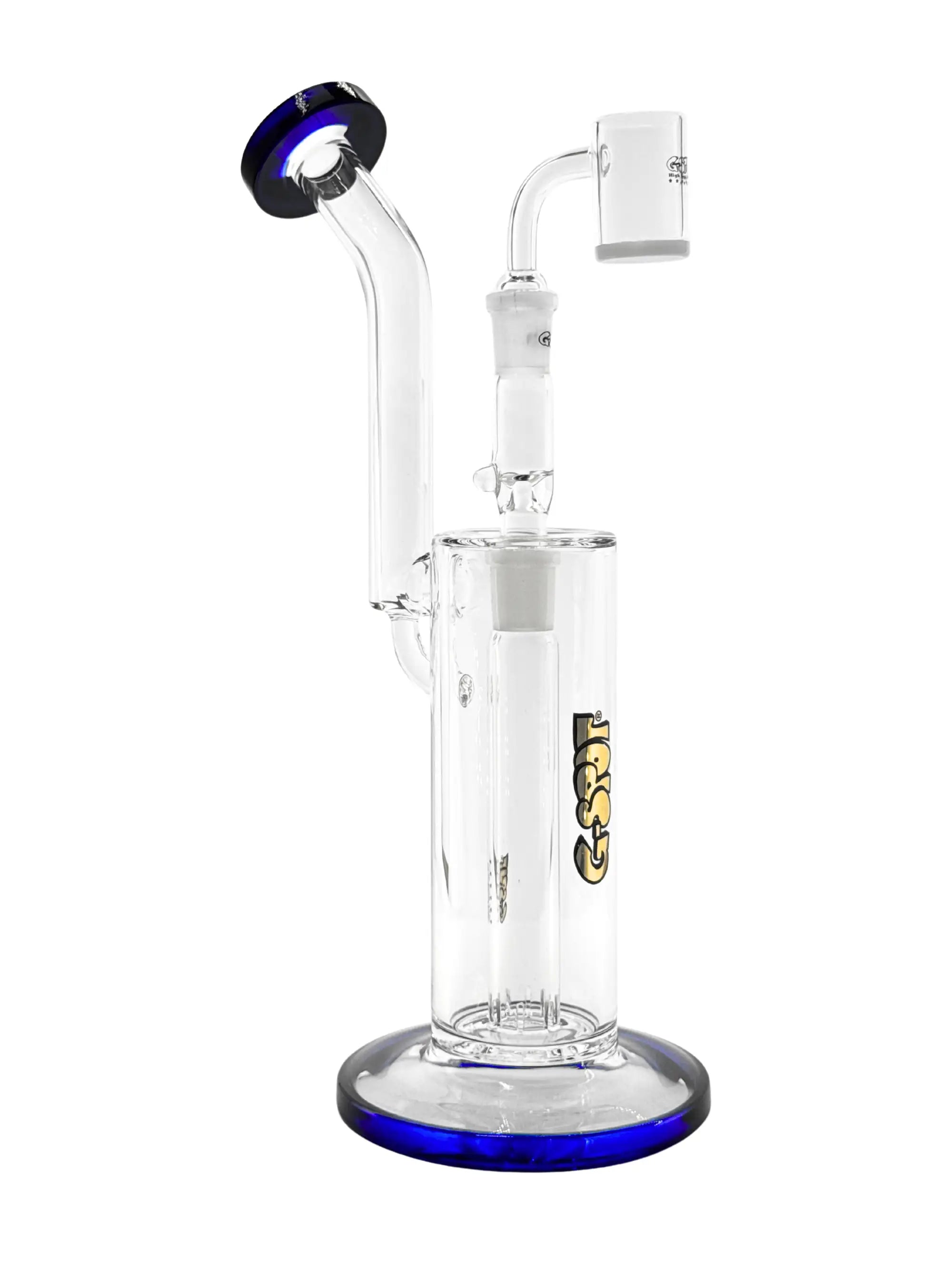 G-SPOT® Dabbing Rig Detailaufnahme: Mundstück und Standfuß aus blauem Farbglas, 5 mm Wandstärke, stabil und langlebig, NS14.5 Schliff.