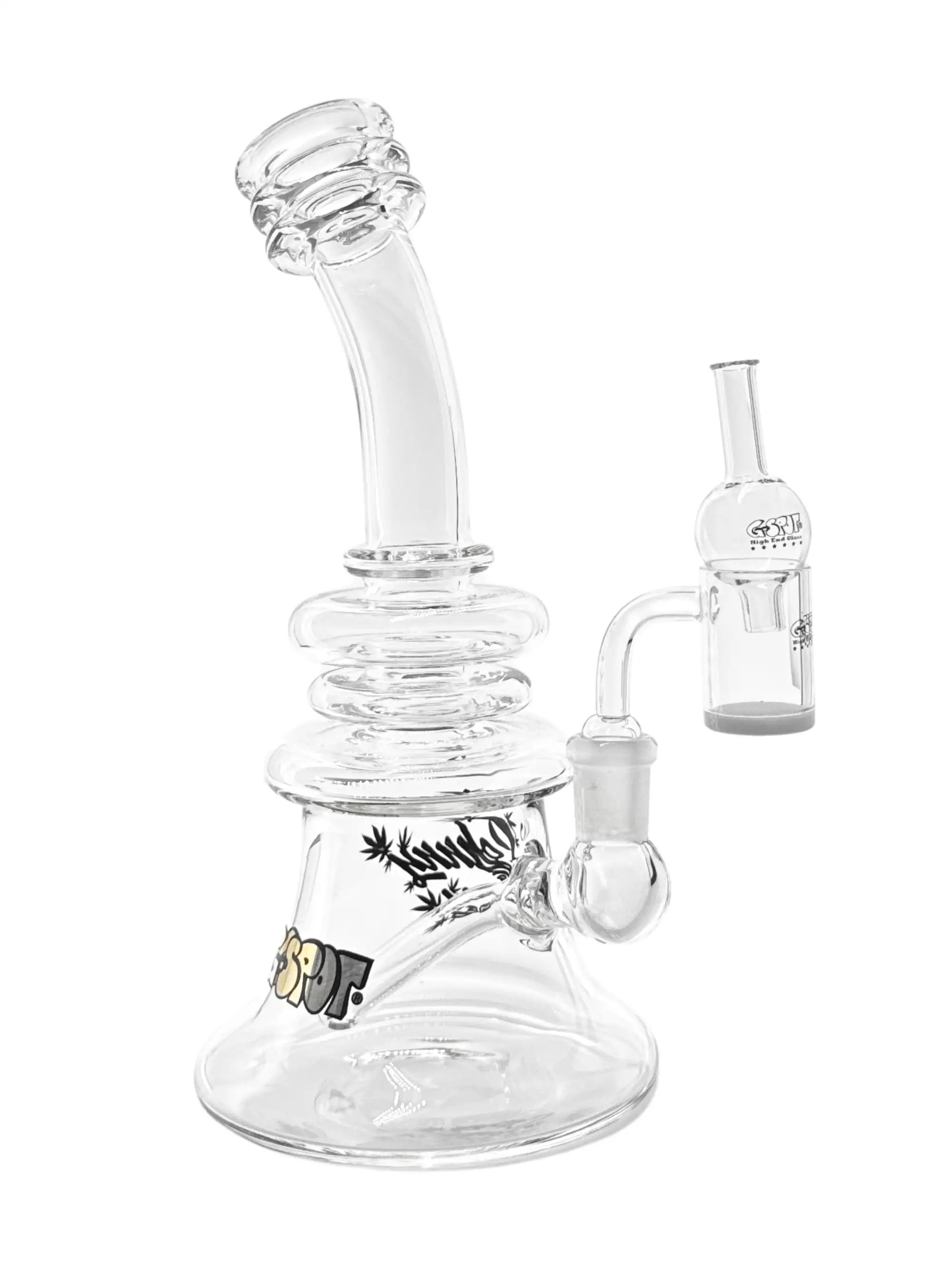 Vorderseite des G-SPOT® Johnny Dabb Dabbing Rig mit schwarzem Johnny Dabb Schriftzug, Rückseite mit goldenem G-SPOT Logo, hochwertiges Borosilikatglas.