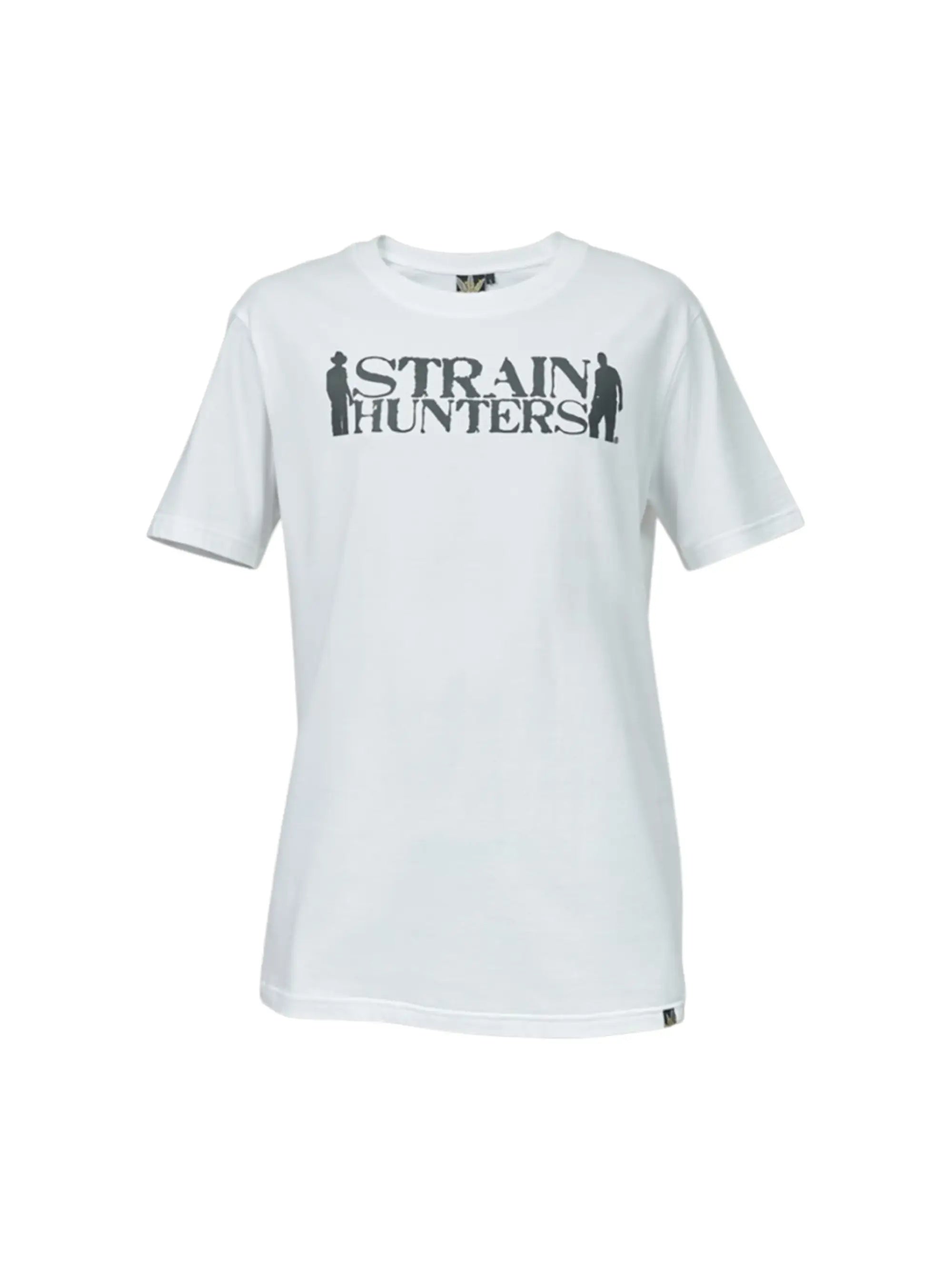 Weißes Unisex T-Shirt aus Baumwolle mit Strain Hunters Logo und angenehmem Tragekomfort.