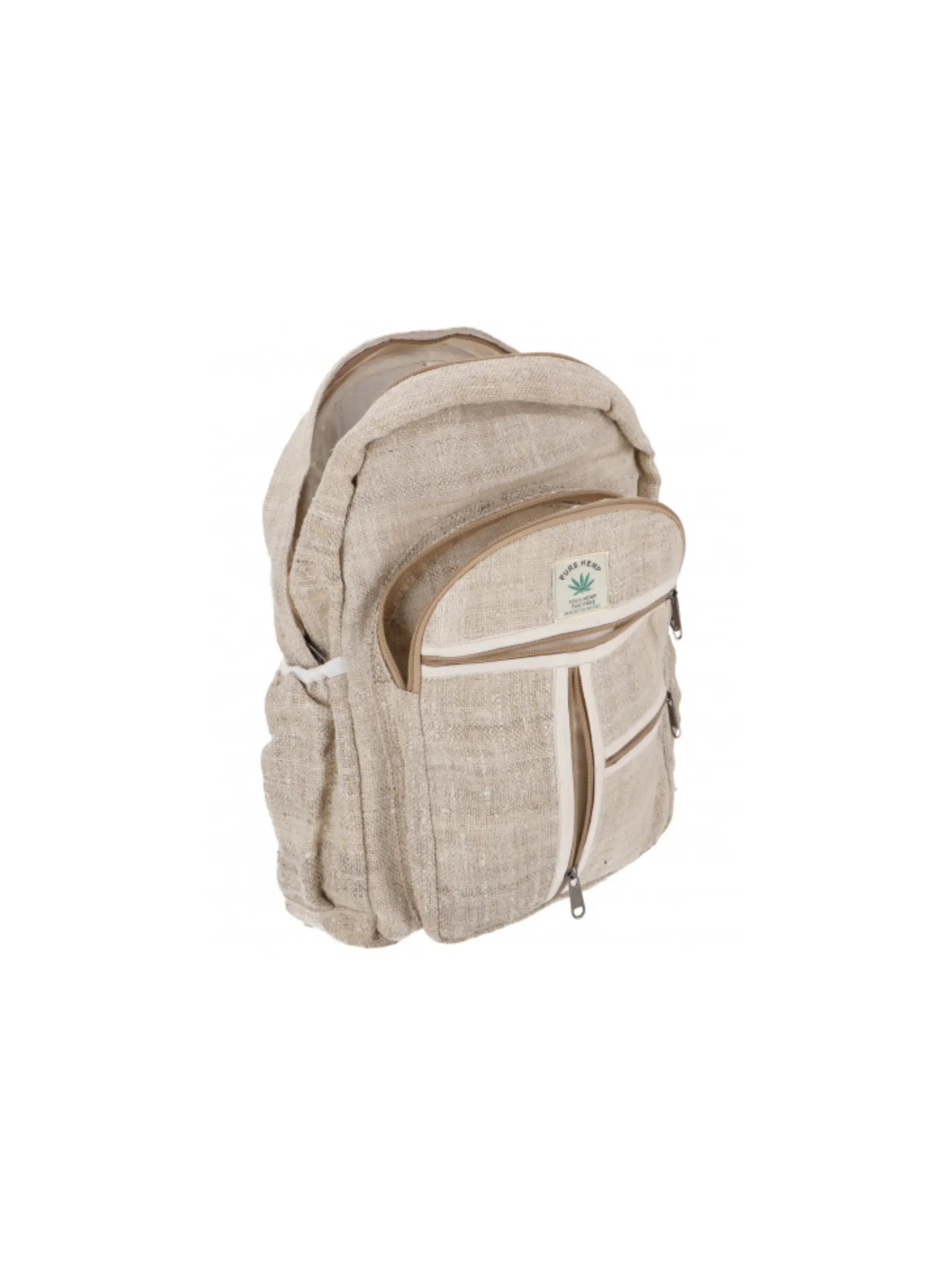 Handgefertigter Hanf Rucksack in Creme-Weiß mit Tabletfach, Reißverschlussfächern und fairer Produktion in Nepal