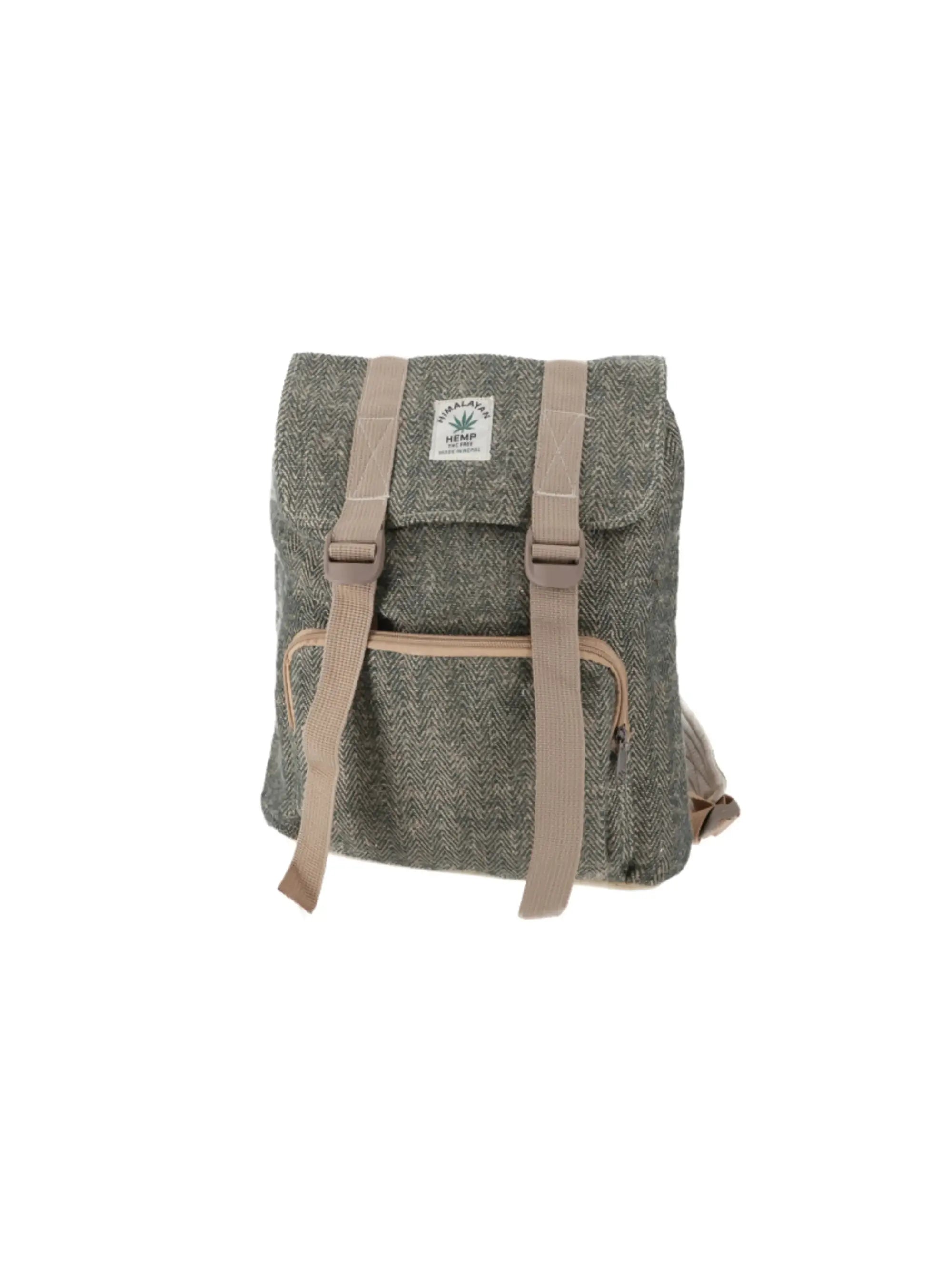 Grüner Hanf Rucksack aus Baumwollmix, handgefertigt in Nepal mit natürlichem Look und praktischen Fächern