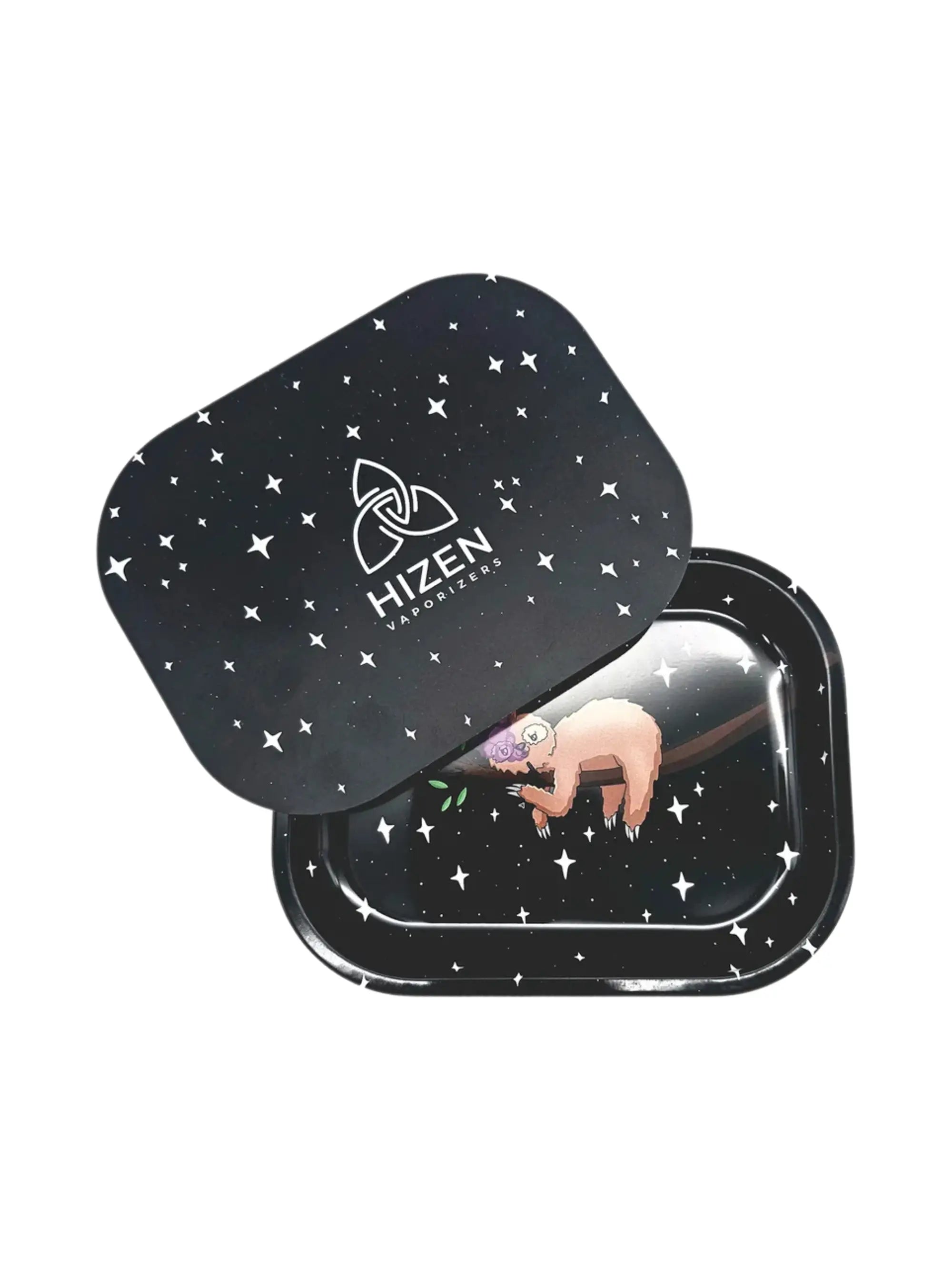 HIZN Rolling Tray aus Metall mit Deckel im Faultier Design, kompaktes Tray 18 x 14 cm für Papers, Filter und Zubehör, ideal für unterwegs.