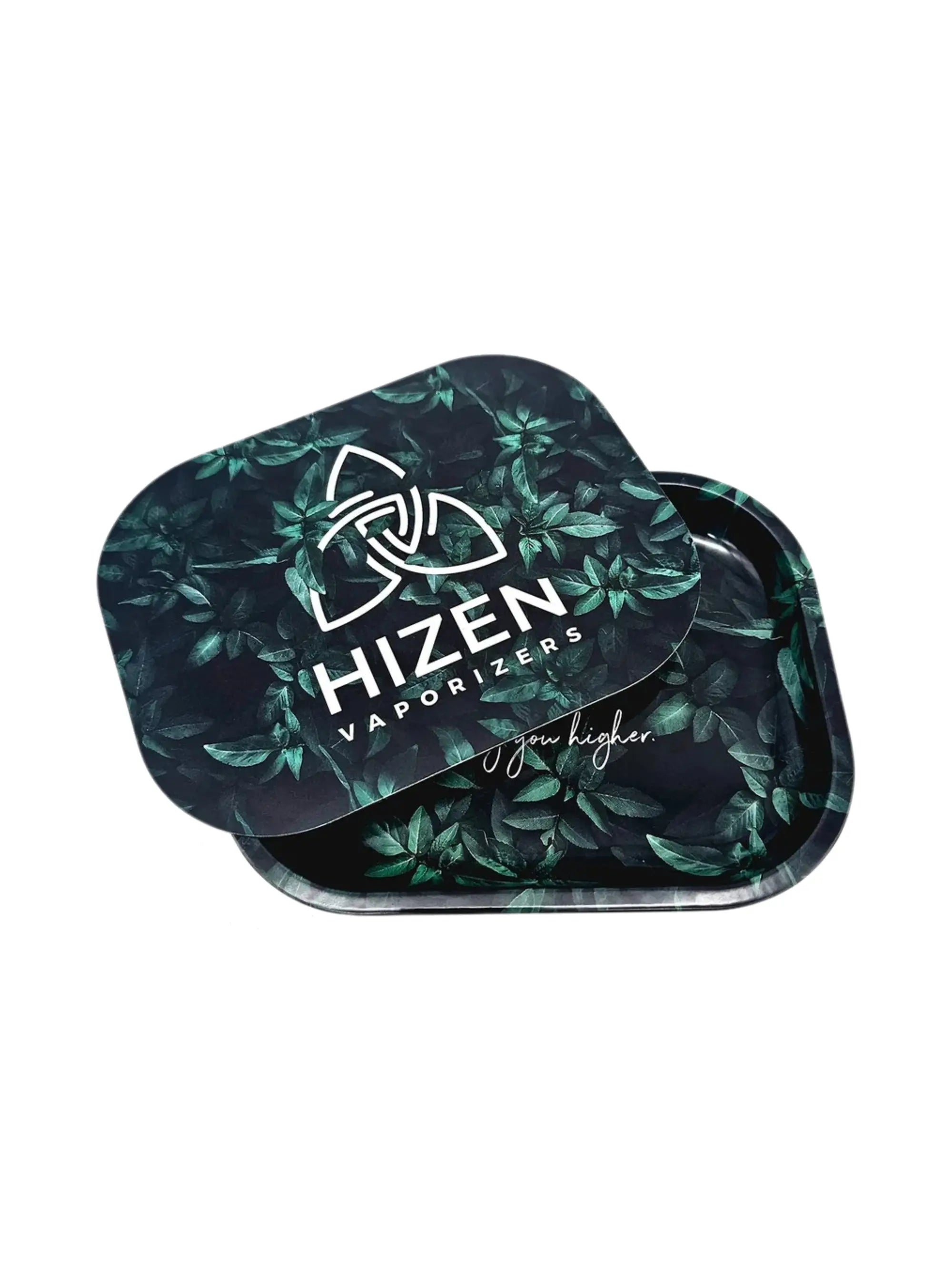 HIZN Rolling Tray aus Metall mit Deckel im Blätter Design, kompaktes Tray 18 x 14 cm für Papers, Filter und Zubehör, ideal für unterwegs.