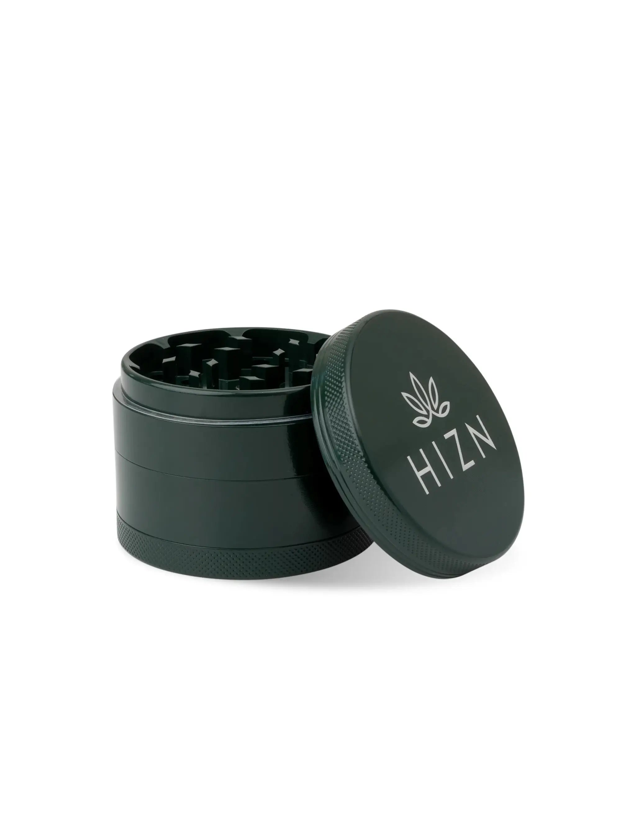 HIZN Keramik Grinder 63 mm, 4-teilig in Moosgrün mit Nano-Keramik-Beschichtung, Pollensieb, Magnetverschluss und Zubehör-Set.