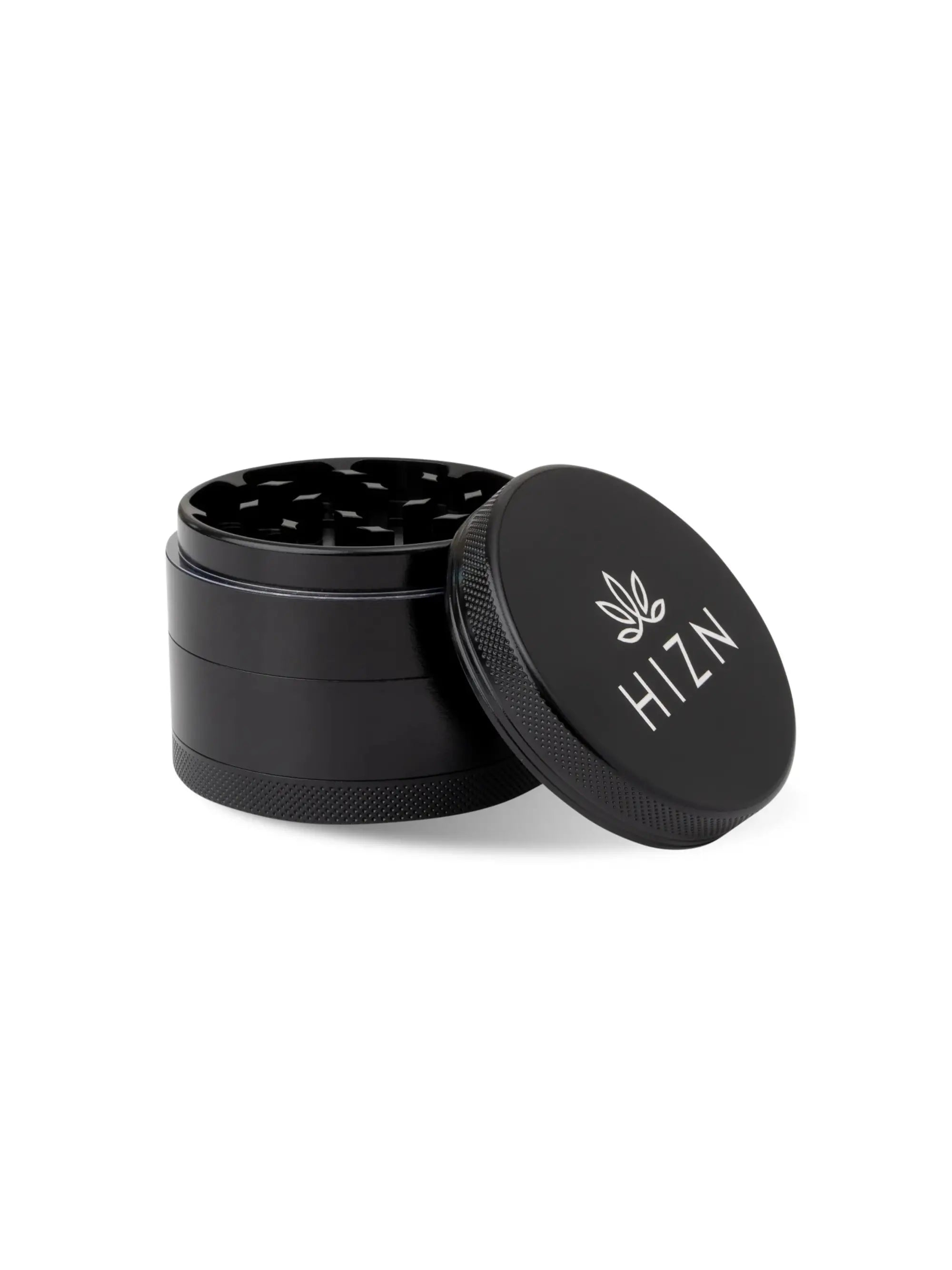 HIZN Keramik Grinder 63 mm, 4-teilig in Schwarz mit Nano-Keramik-Beschichtung, Pollensieb, Magnetverschluss und Zubehör-Set.