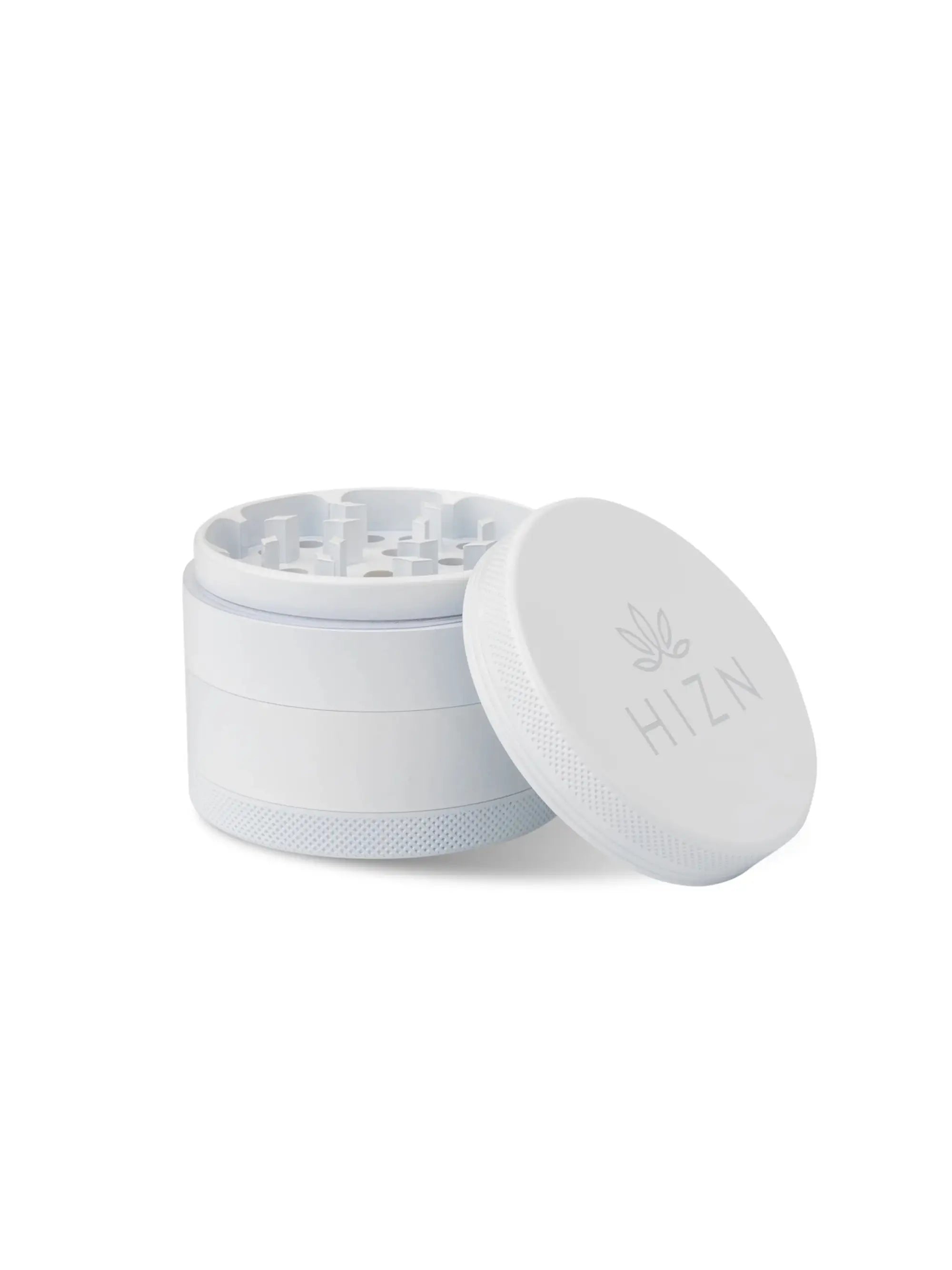 HIZN Keramik Grinder 63 mm, 4-teilig in Weiß mit Nano-Keramik-Beschichtung, Pollensieb, Magnetverschluss und Zubehör-Set.