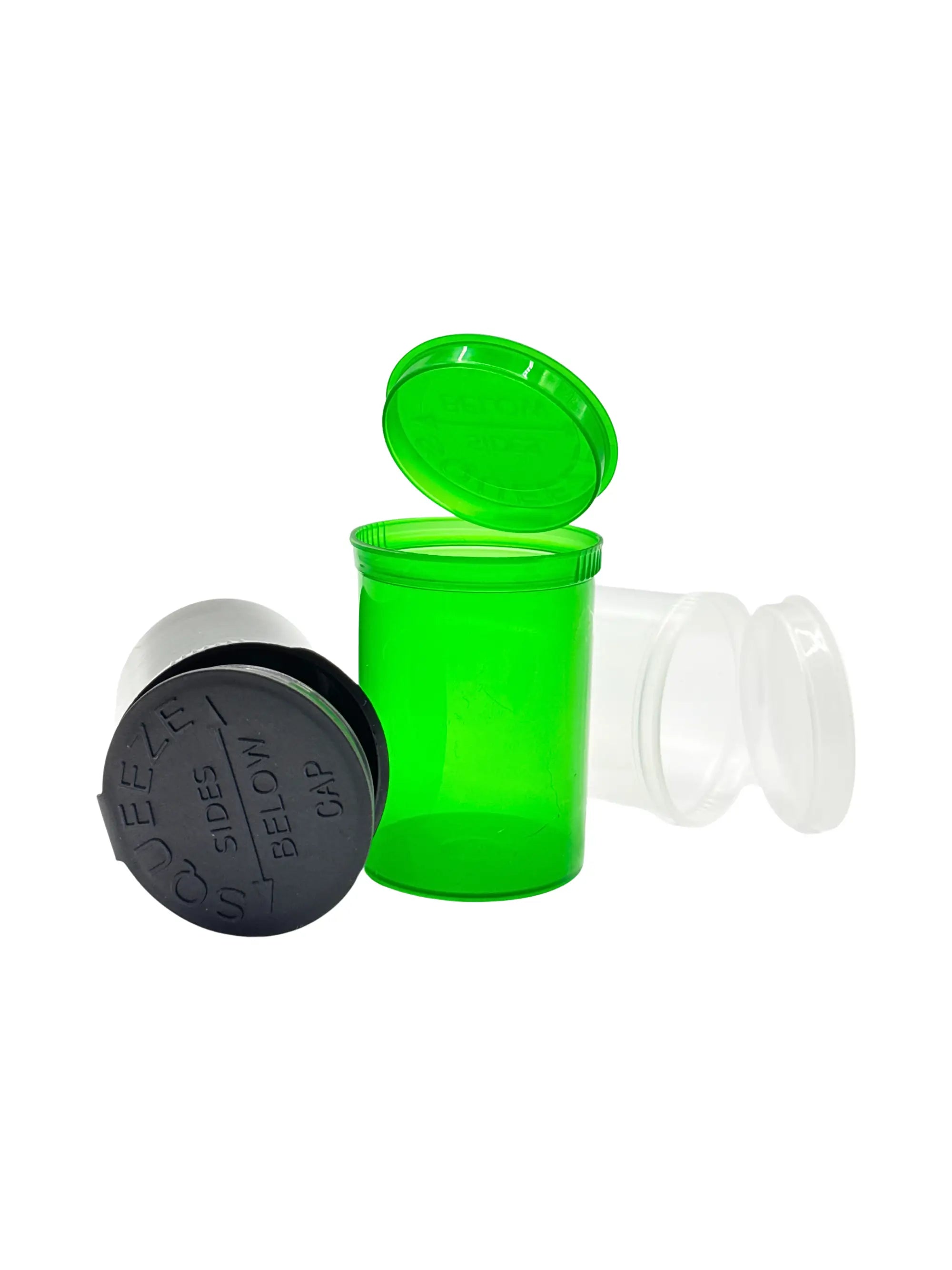 Geruchsdichte HNBG Squeeze Dose aus Kunststoff im 3er Set, leicht zu öffnen per Druck unterhalb des Deckels.