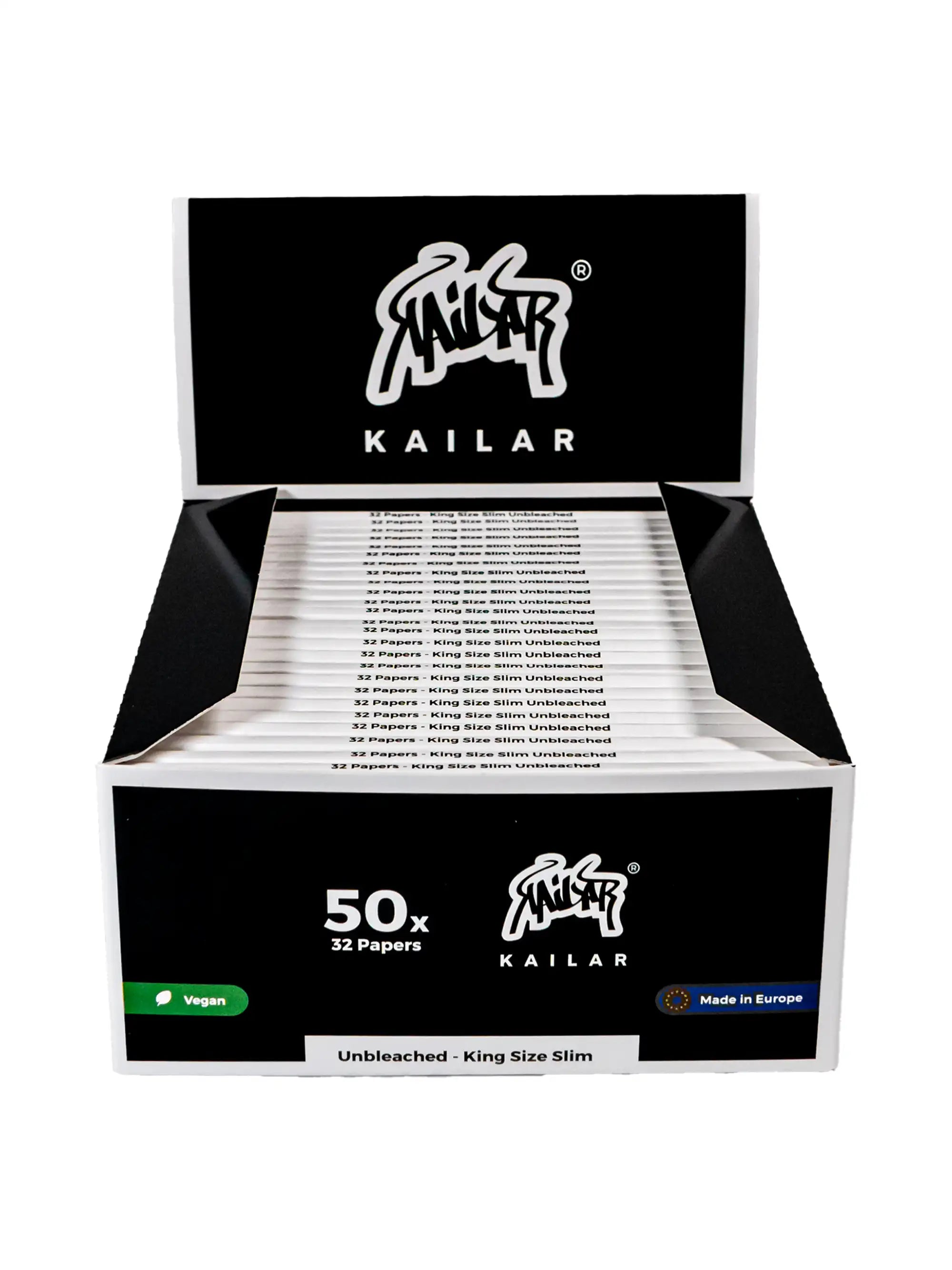 Kailar Edition 1 Unbleached Display offen – zeigt geöffnete Box mit sichtbaren King Size Slim Papers.