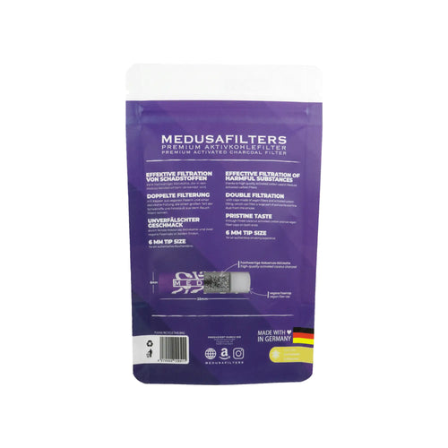 Rückseite von Medusafilters Violet Edition Verpackung mit 50 Aktivkohlefiltern Ø 6 mm
