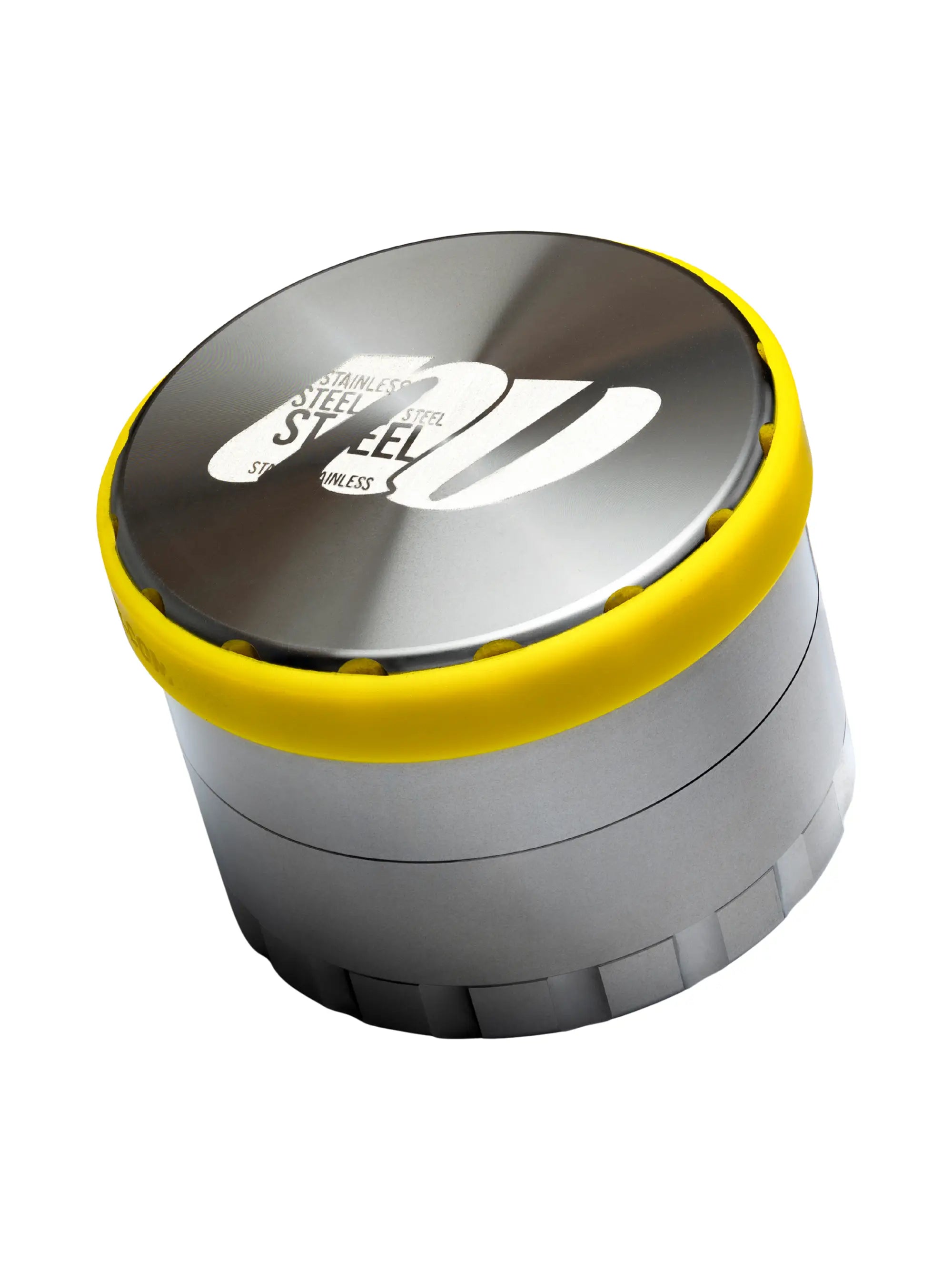 Hochwertiger NV Edelstahl Grinder, 4-teilig mit 27 Mahlklingen & Pollensieb. Für gleichmäßiges Mahlen, sauberes Handling & maximale Haltbarkeit.