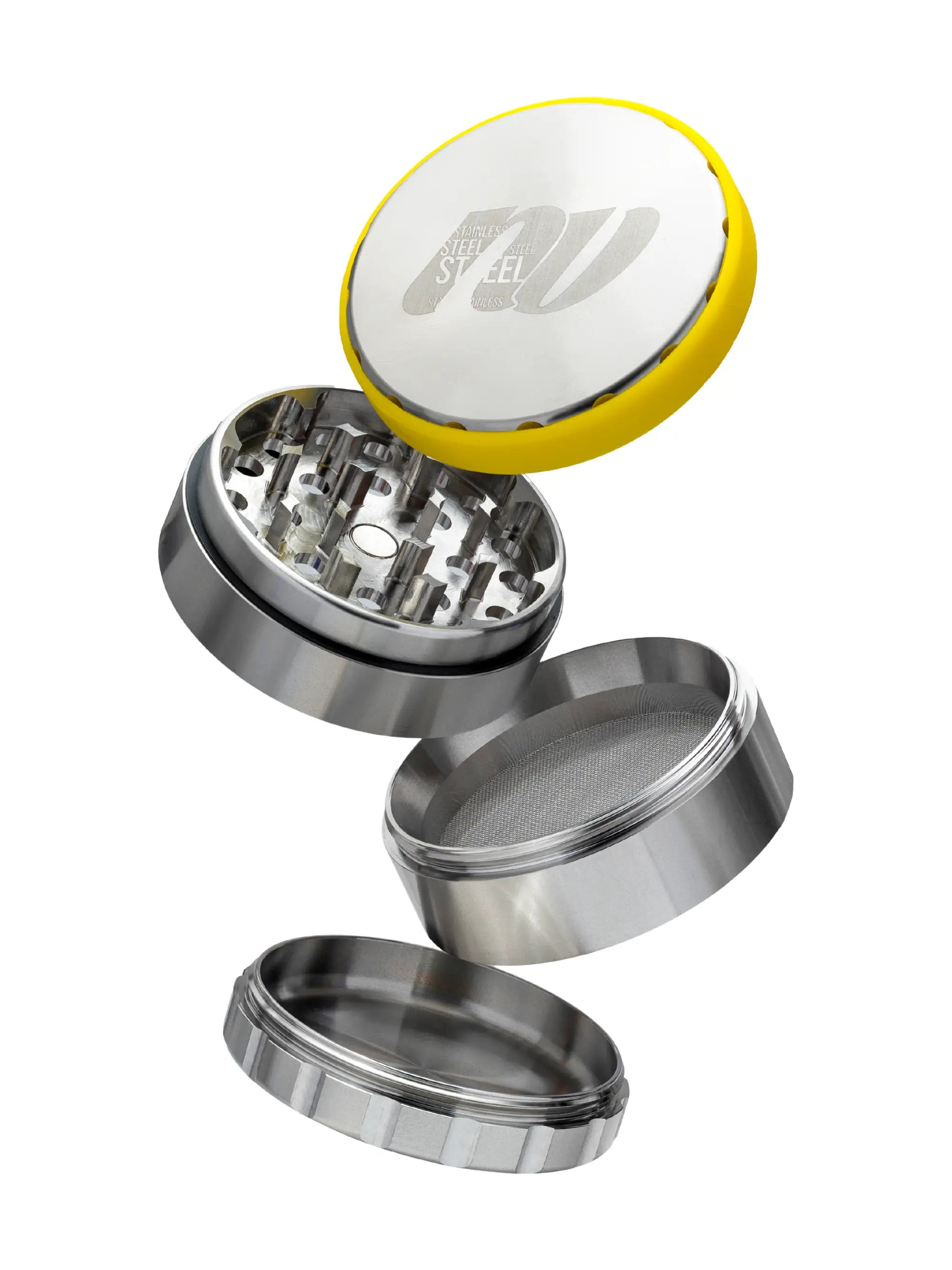 Vierteiliger NV Grinder aus Edelstahl – robuster Grinder mit 27 Klingen, Pollensieb und Magnetverschluss für gleichmäßiges, sauberes Mahlen.