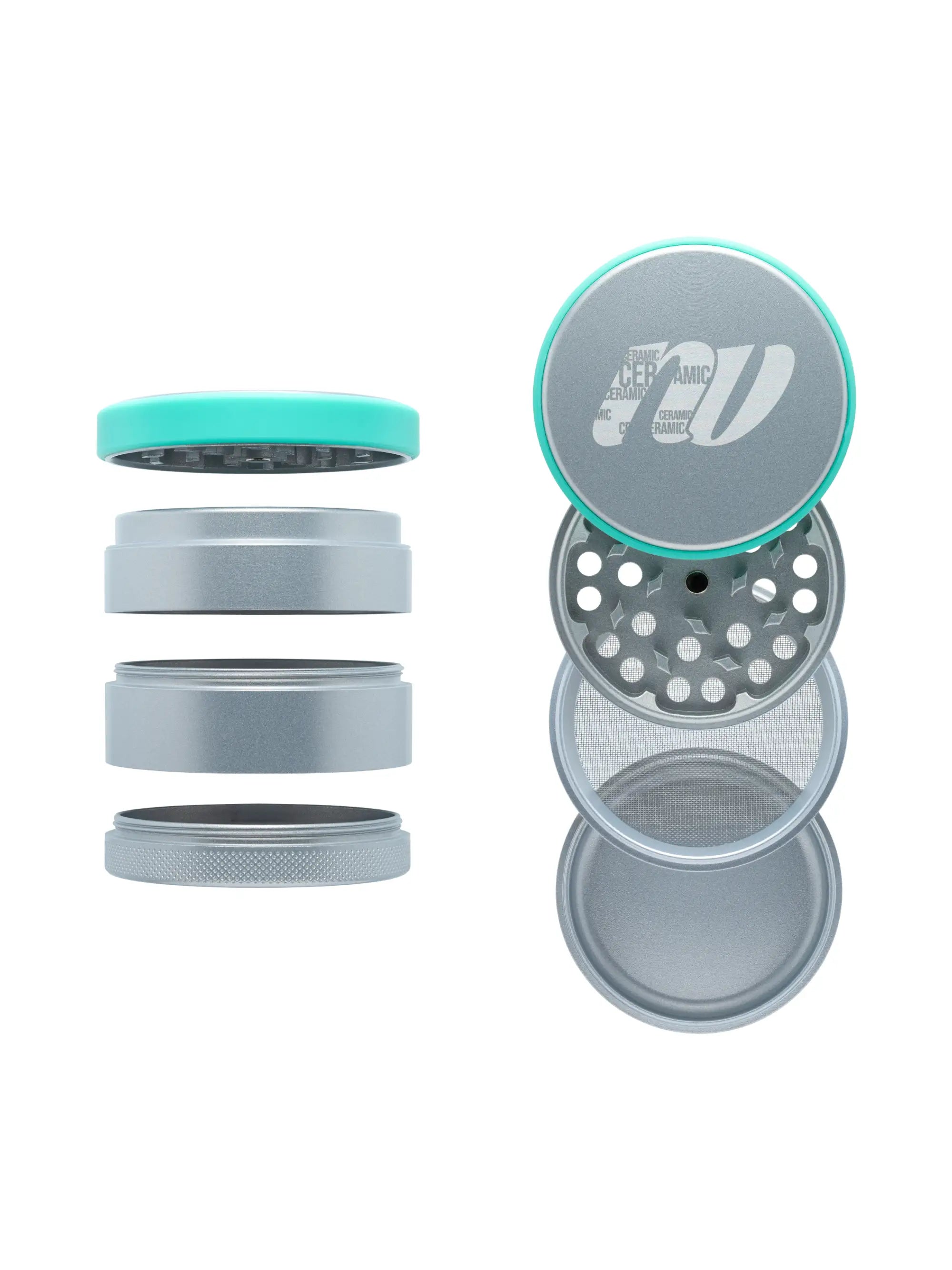 NV Keramik Grinder Ø 63 mm mit feinem Edelstahl-Pollenfilter, Magnetverschluss & strukturierter Oberfläche für sicheren Halt.