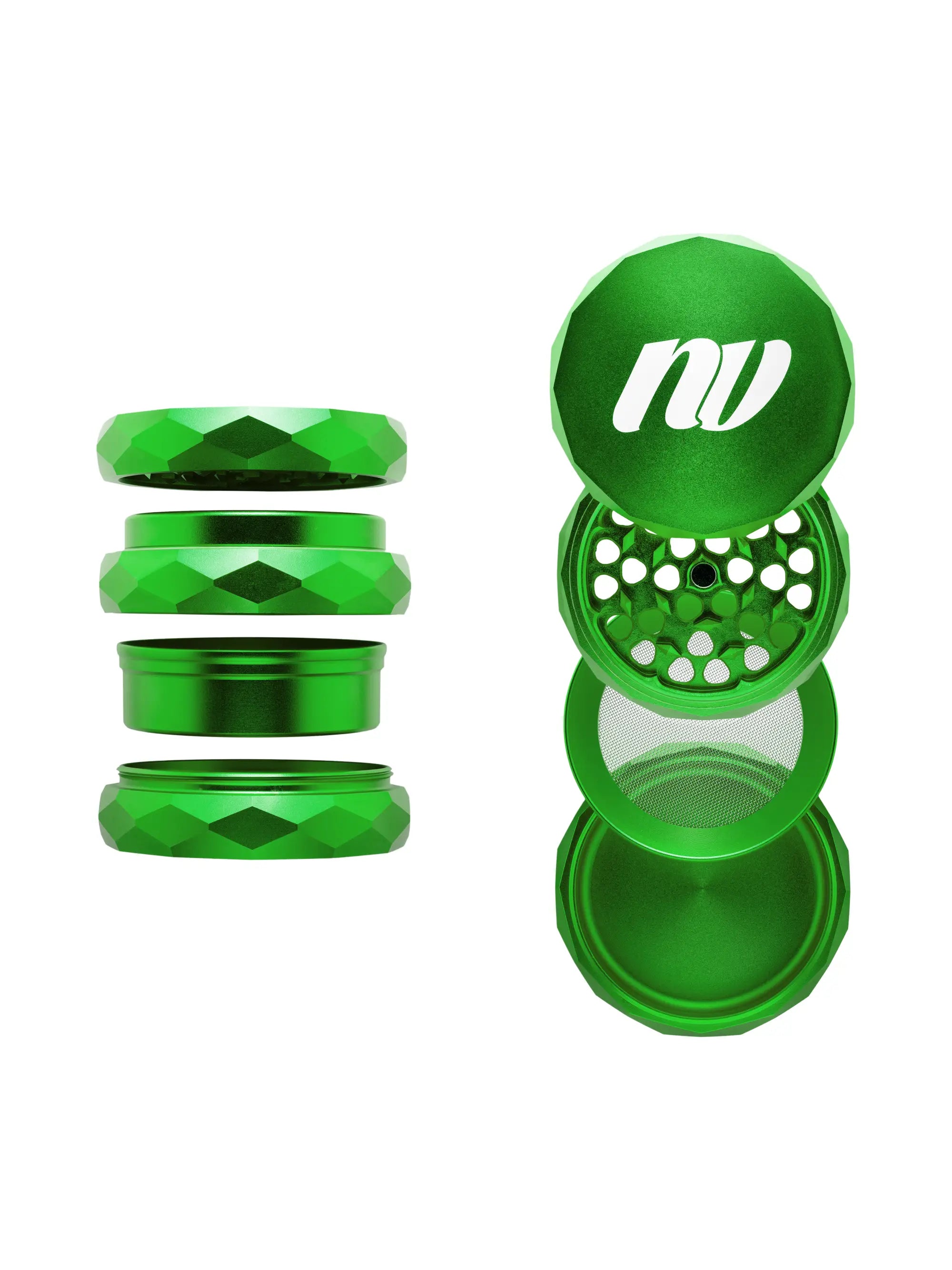 NV Pyramid Grinder – stilvolles, tragbares Design aus eloxiertem Aluminium für präzises, müheloses Mahlen.