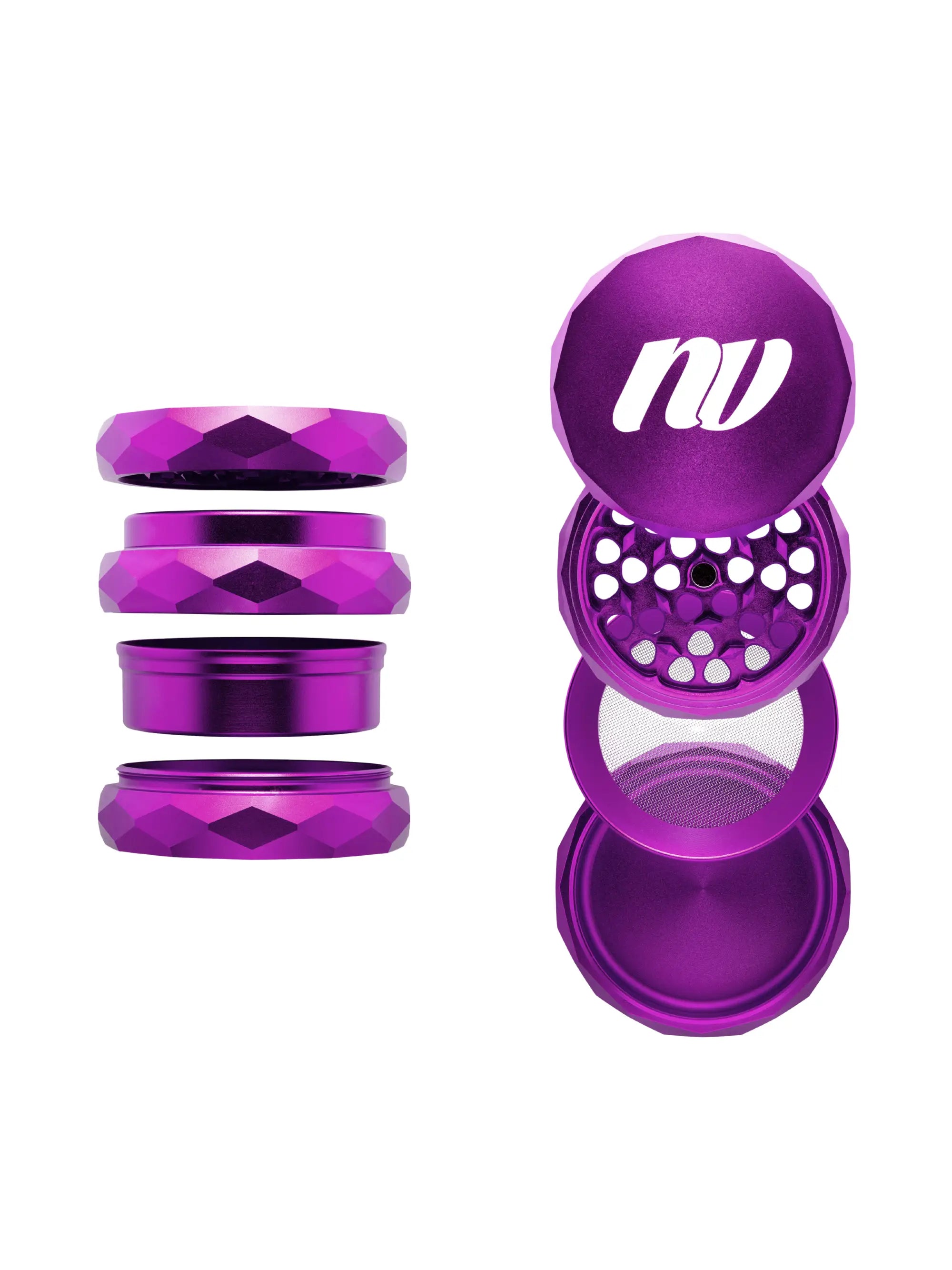 Detailansicht des NV Pyramid Grinders mit scharfen Pyramid-Klingen aus Aluminium für fluffiges, gleichmäßig zerkleinertes Material.