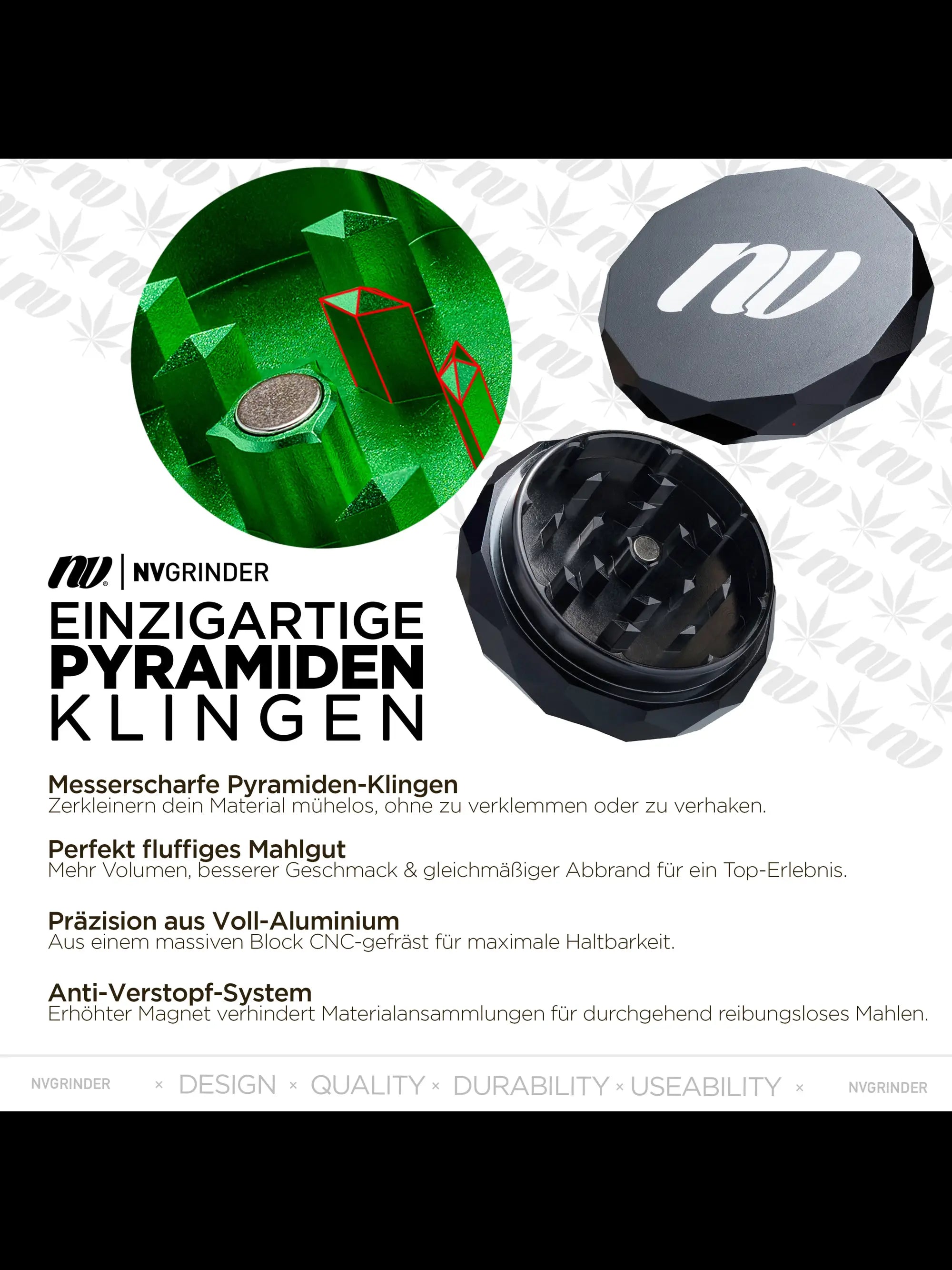 NV Pyramid Grinder mit scharfen Pyramid-Klingen aus eloxiertem Aluminium für gleichmäßiges, fluffiges Mahlgut.