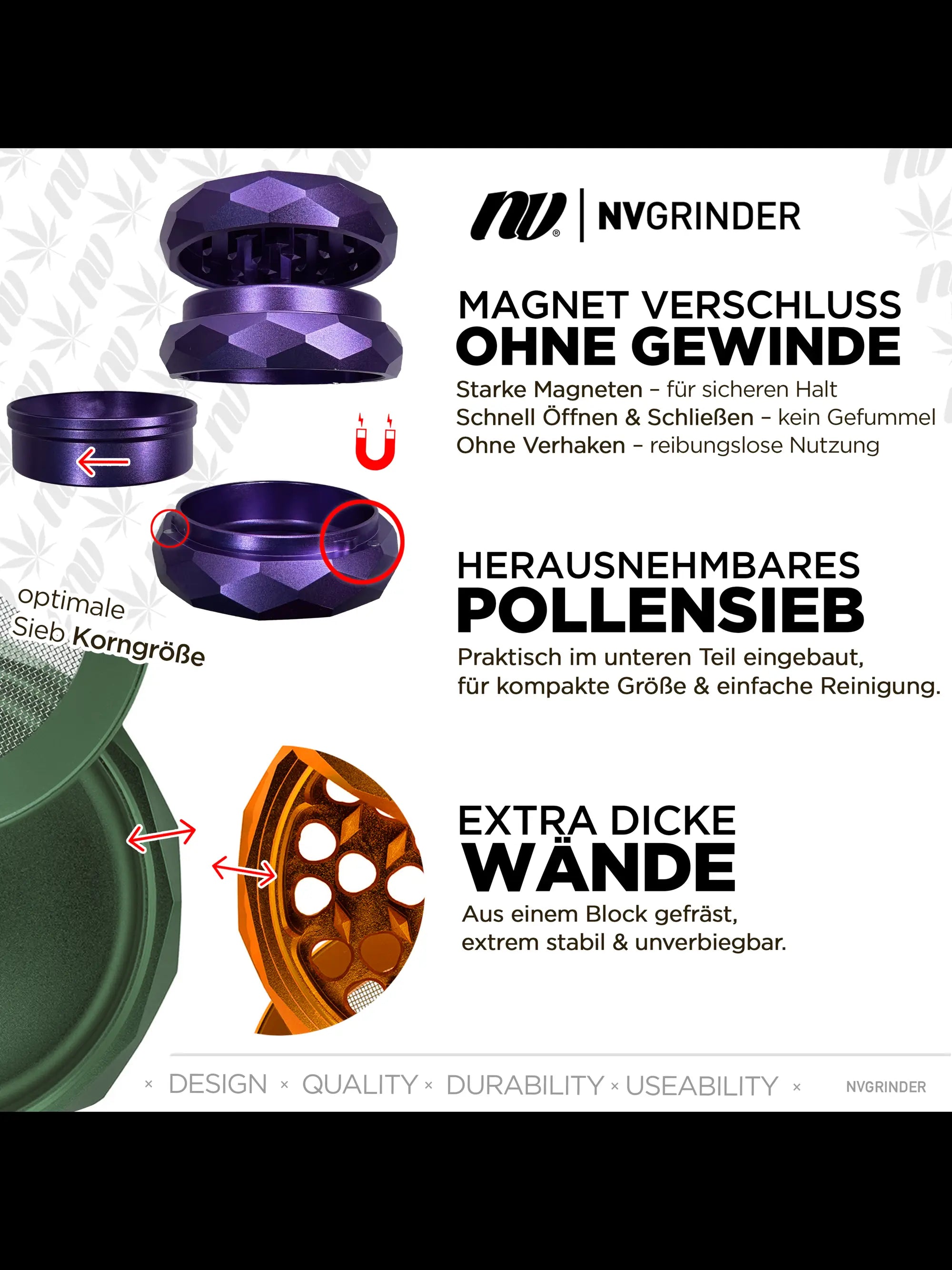 Detailansicht des NV Pyramid Grinders mit feinem Pollensieb, Vollmagnet-System und Nylonring für reibungsloses Mahlen.