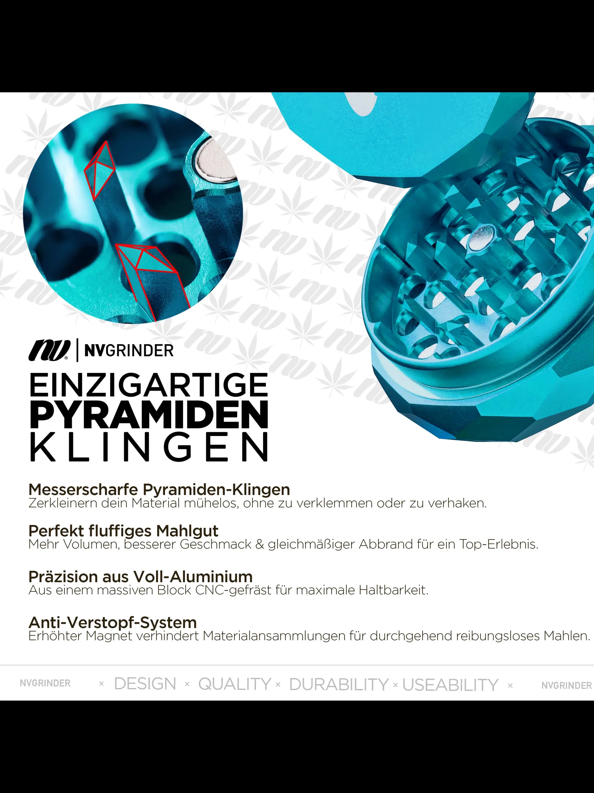 Innenansicht des NV Pyramid Grinders mit scharfen Pyramid-Klingen aus eloxiertem Aluminium für gleichmäßiges, fluffiges Mahlgut.