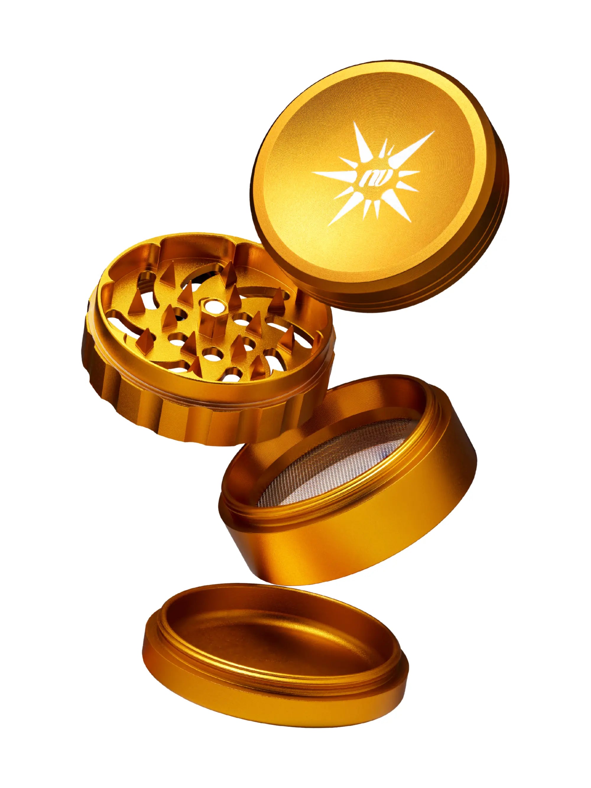 NV Spike Grinder Ø 50 mm in Gold – 4-teilig mit Pollensieb aus Edelstahl und starkem Magnetverschluss für präzises Mahlen.