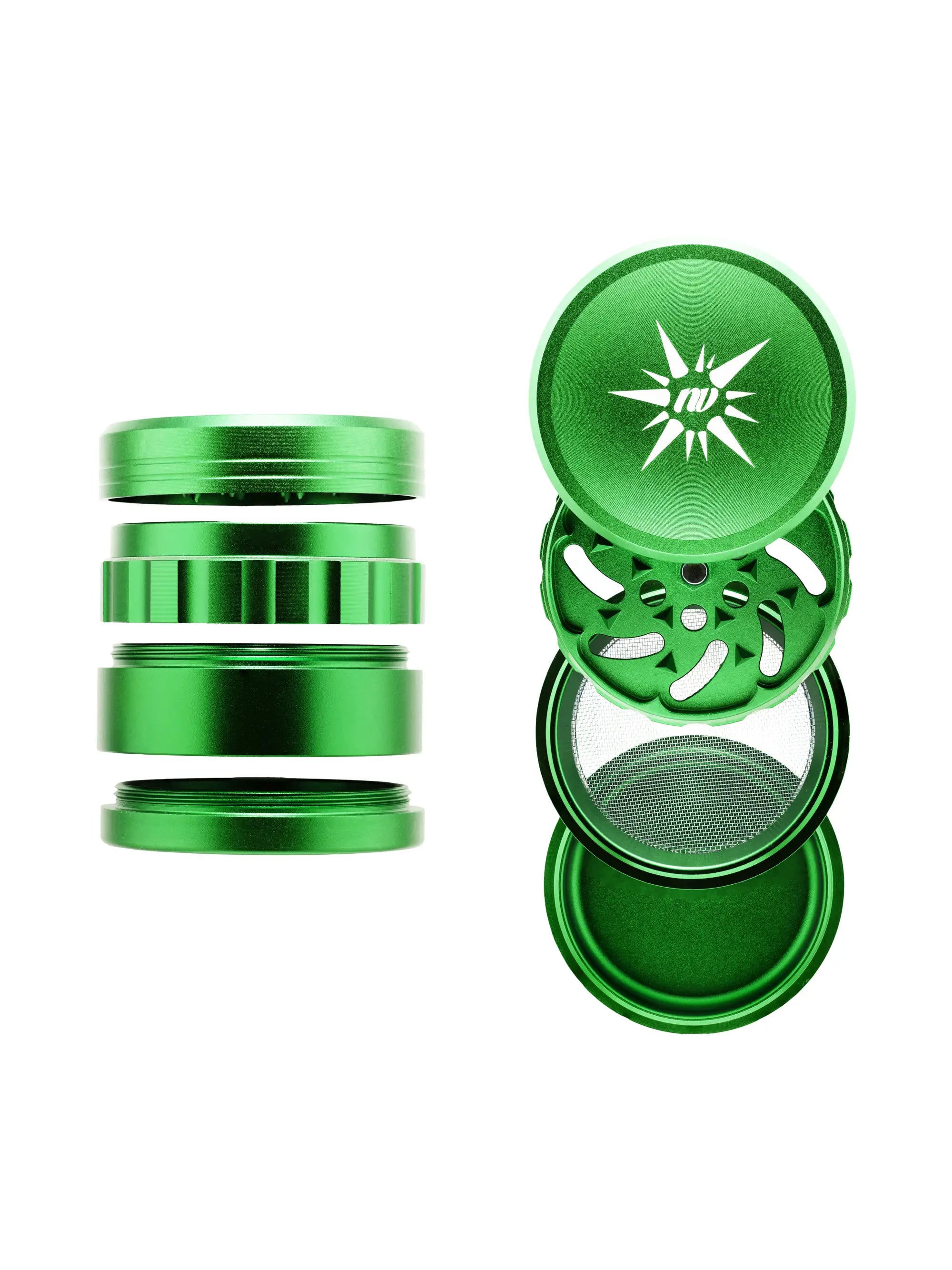 Grüner NV Spike Grinder Ø 50 mm – ergonomisches Design, 33 Spike-Klingen, Magnetverschluss & herausnehmbares Mittelteil.