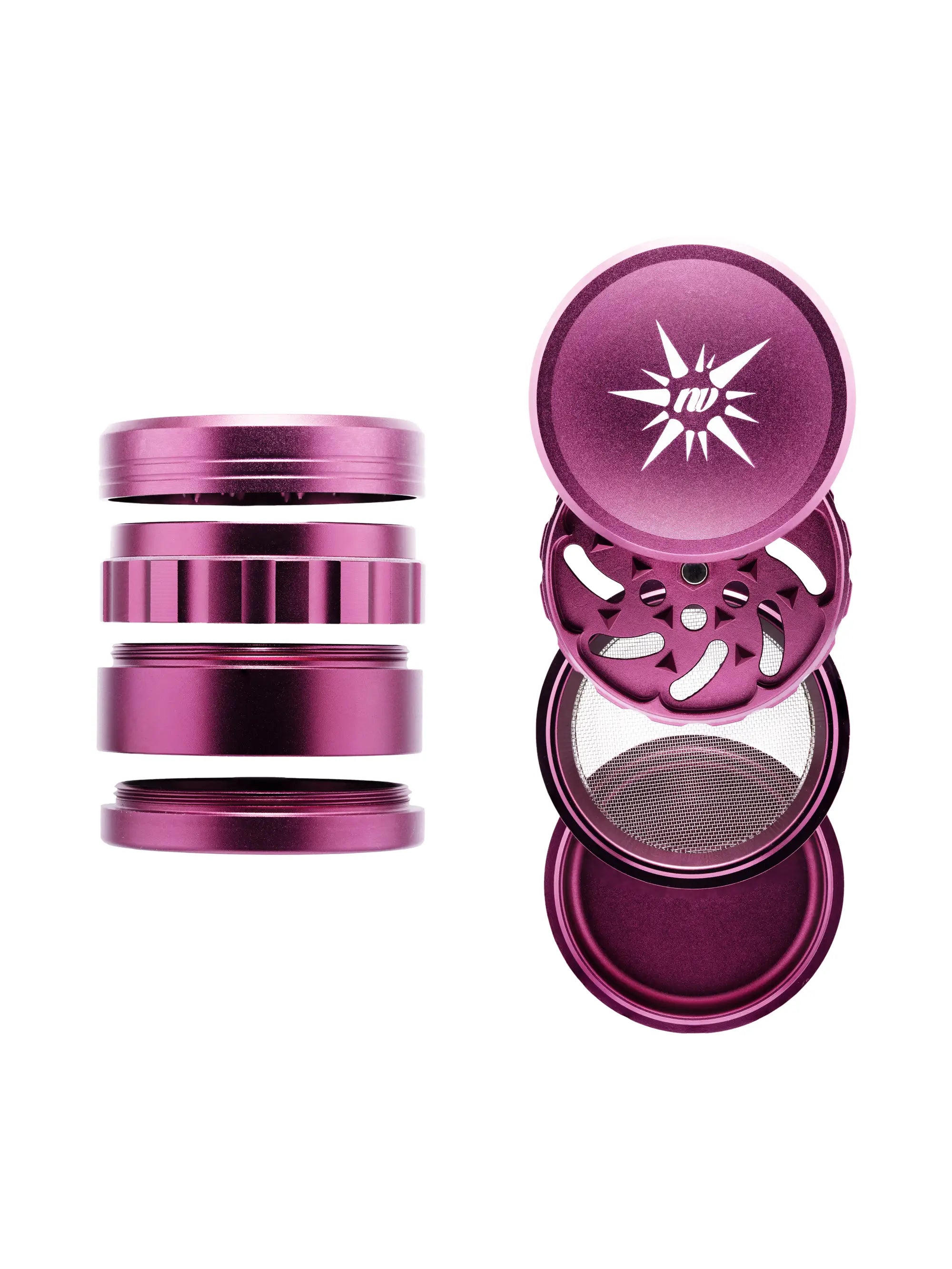 NV Spike Grinder Ø 50 mm in Pink – 4-teilig aus eloxiertem Aluminium mit 33 Spike-Klingen und Magnetverschluss für gleichmäßiges Mahlen.