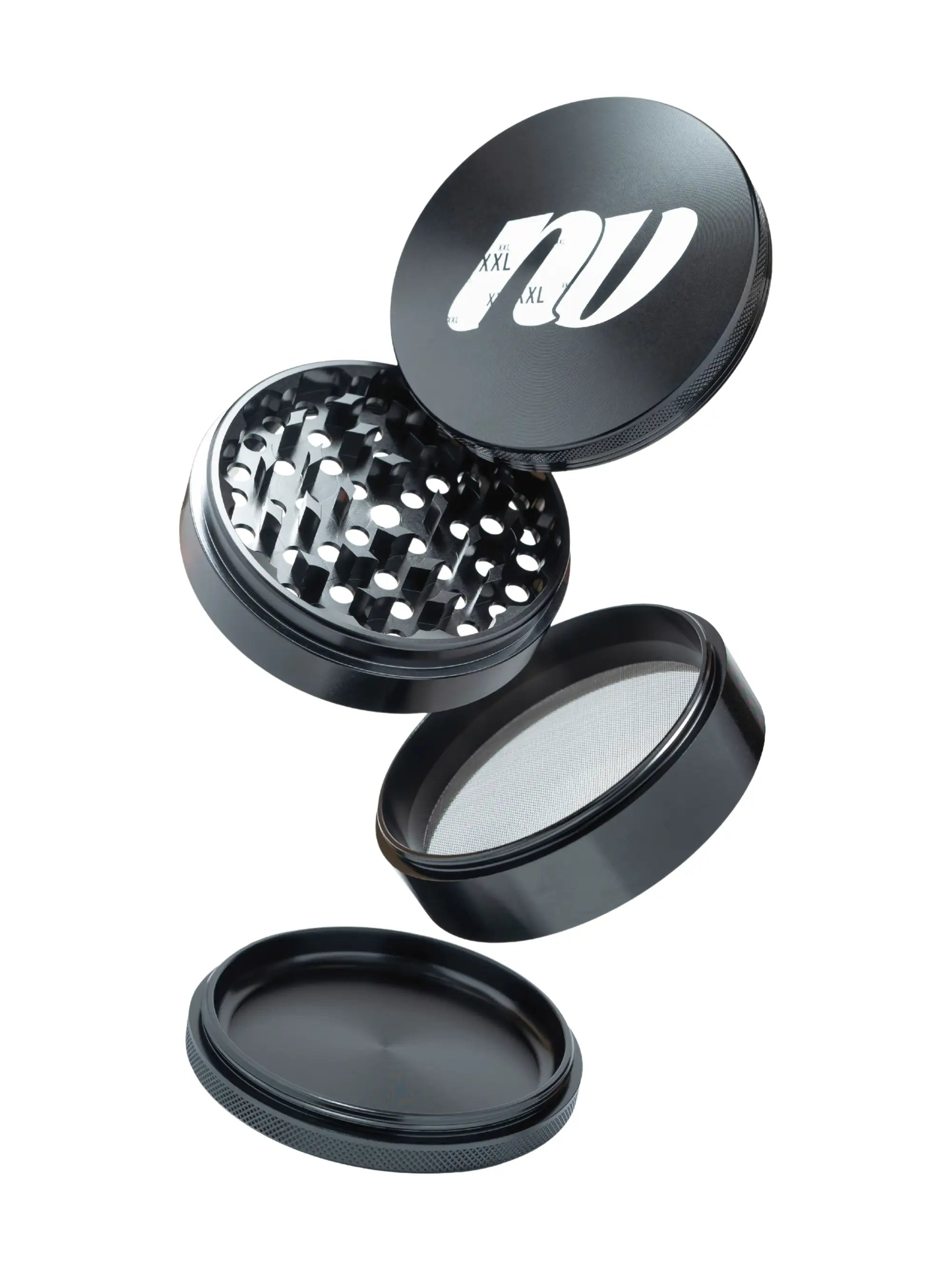 NV XXL Grinder geöffnet, diamantförmige Zähne und 8 Gramm Fassungsvermögen sichtbar