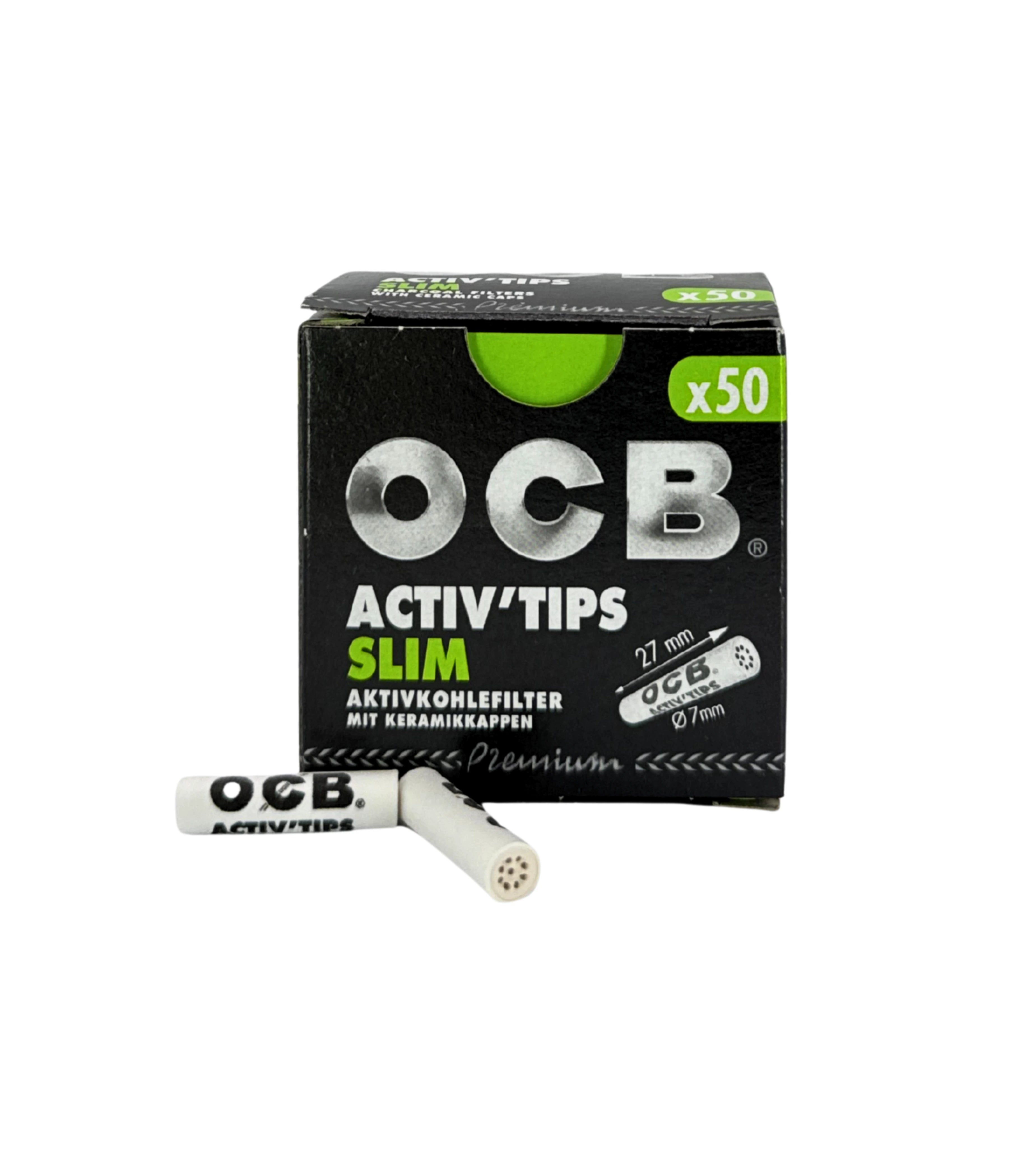 OCB Activ' Tips Slim Filter Ø 7 mm mit 50 Aktivkohlefiltern im praktischen Umkarton