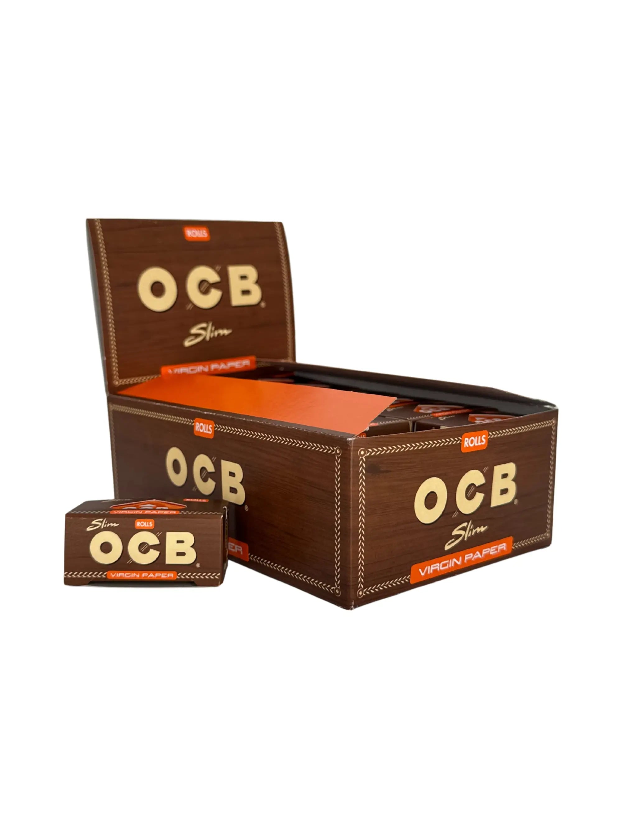 Ungebleichtes OCB Virgin Slim Roll Paper mit natürlicher Akazien-Gummierung im Display